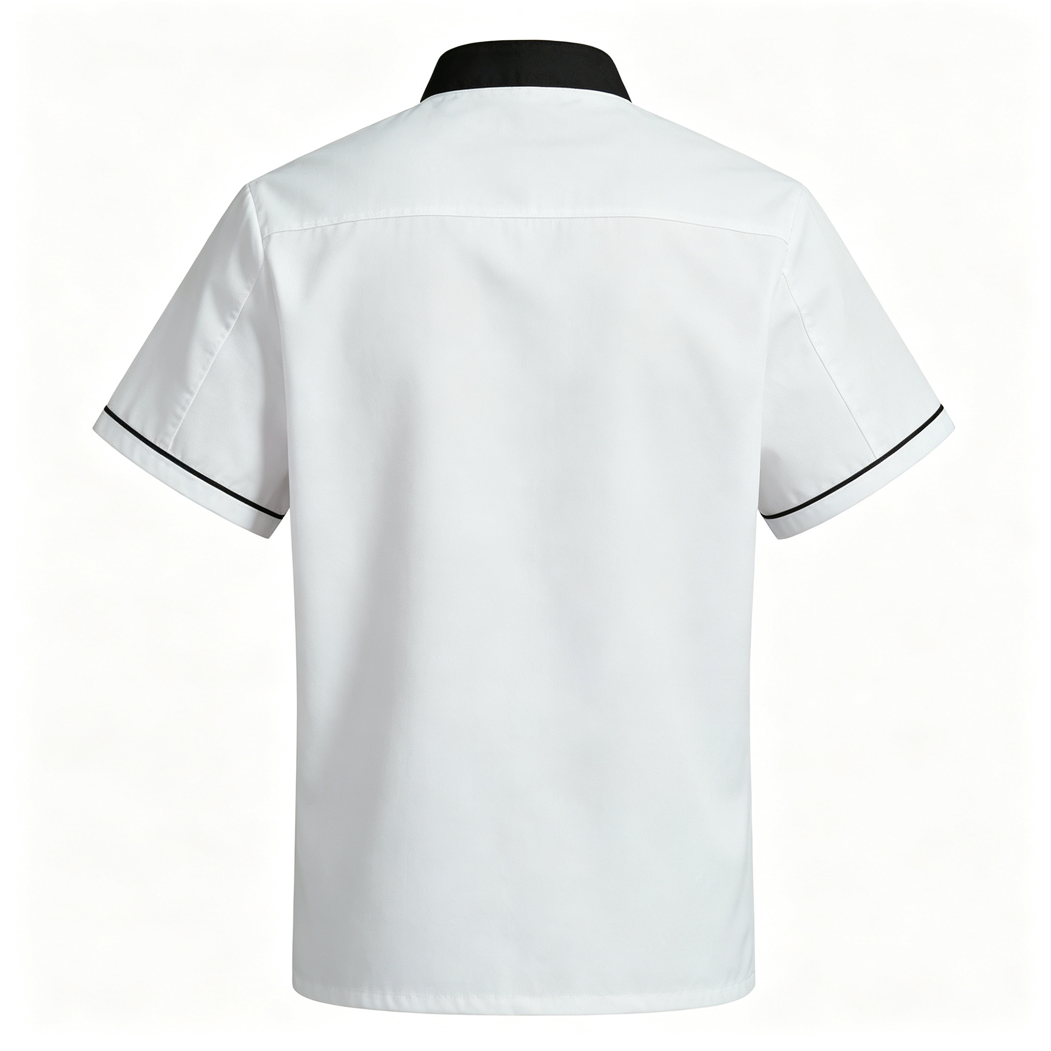 This men’s professional chef jacket features a clean white design with a black stand collar, black cuff bands, double breasted black buttons, and a square chest pocket with colorful stripe detail. The long sleeves and structured front provide a professional appearance while allowing comfort during busy service. The plain back supports a neat team uniform look. Suitable for chefs, line cooks, hotel kitchen staff, restaurant teams, and BBQ service._11