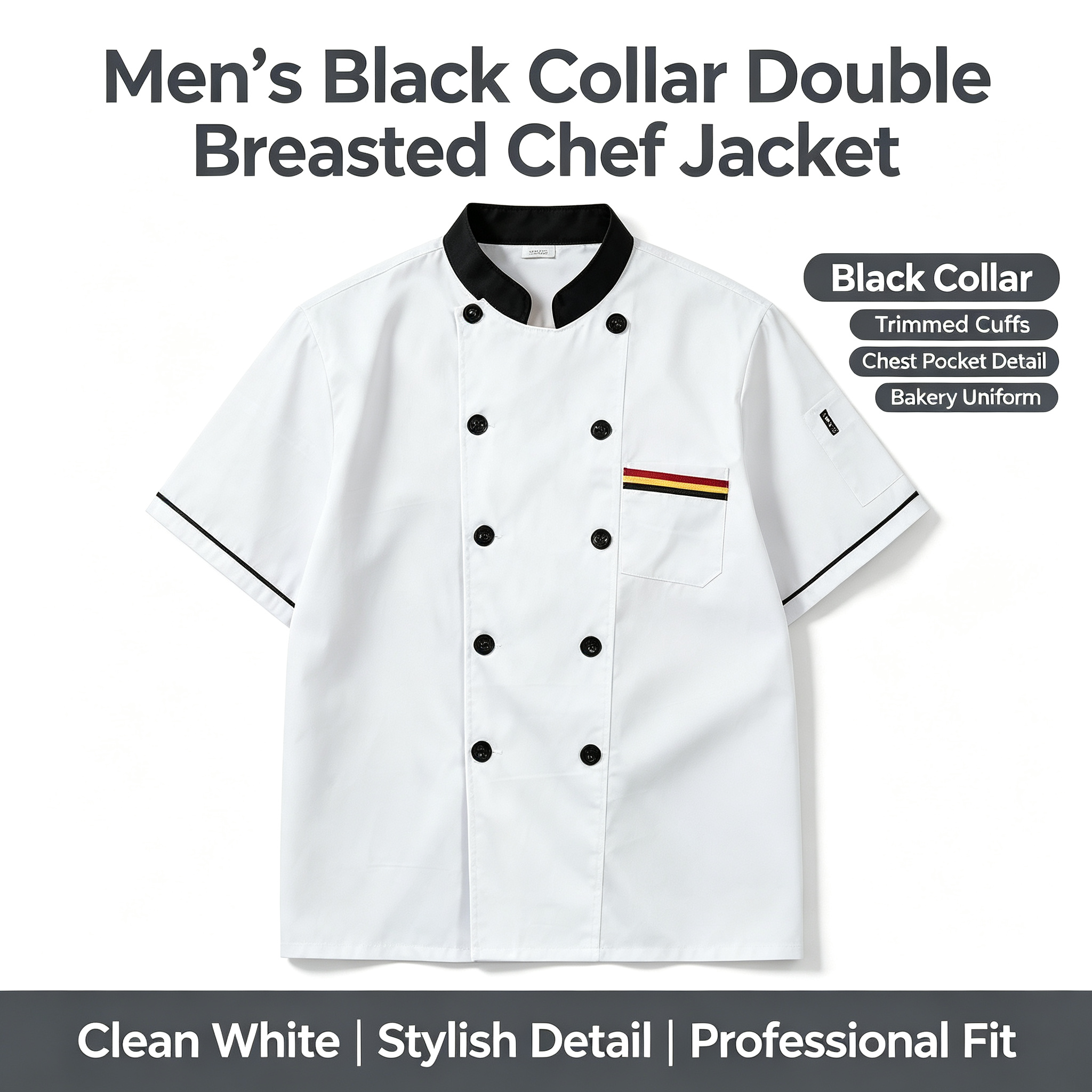 This men’s professional chef jacket features a clean white design with a black stand collar, black cuff bands, double breasted black buttons, and a square chest pocket with colorful stripe detail. The long sleeves and structured front provide a professional appearance while allowing comfort during busy service. The plain back supports a neat team uniform look. Suitable for chefs, line cooks, hotel kitchen staff, restaurant teams, and BBQ service._2