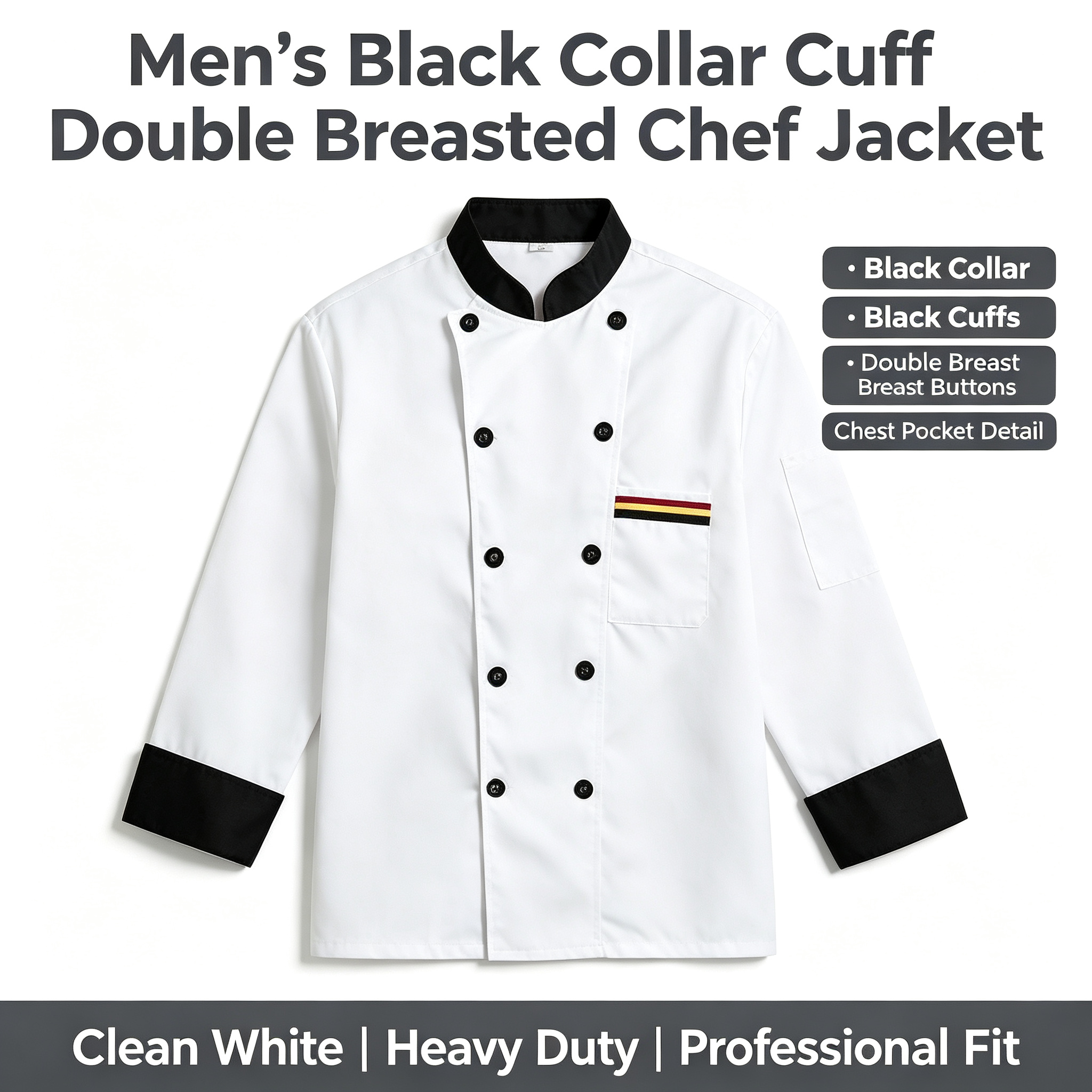 This men’s professional chef jacket features a clean white design with a black stand collar, black cuff bands, double breasted black buttons, and a square chest pocket with colorful stripe detail. The long sleeves and structured front provide a professional appearance while allowing comfort during busy service. The plain back supports a neat team uniform look. Suitable for chefs, line cooks, hotel kitchen staff, restaurant teams, and BBQ service._4