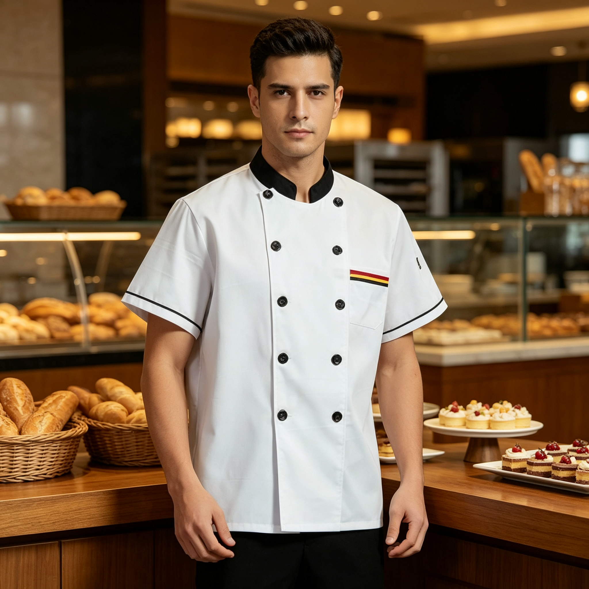 This men’s professional chef jacket features a clean white design with a black stand collar, black cuff bands, double breasted black buttons, and a square chest pocket with colorful stripe detail. The long sleeves and structured front provide a professional appearance while allowing comfort during busy service. The plain back supports a neat team uniform look. Suitable for chefs, line cooks, hotel kitchen staff, restaurant teams, and BBQ service._10