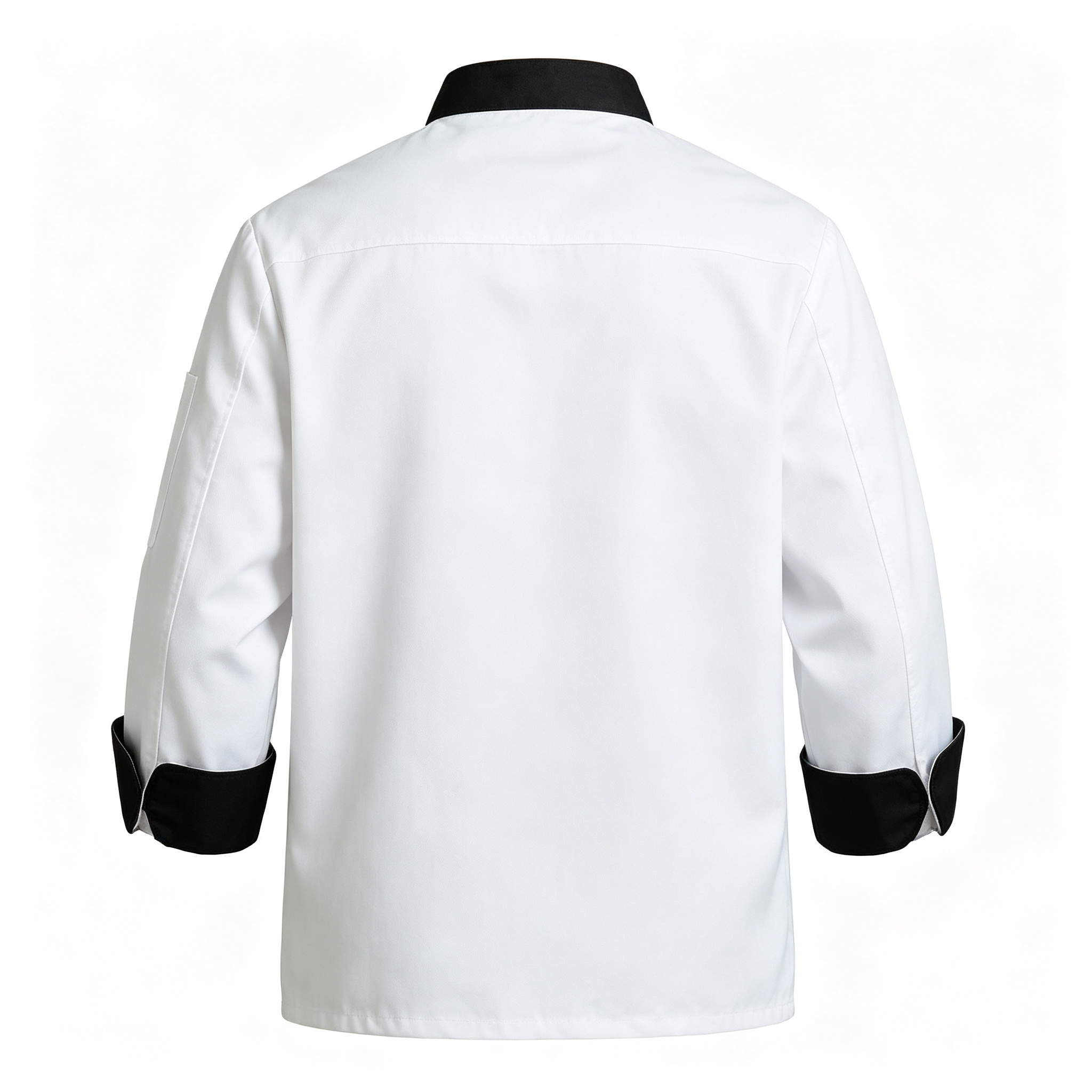 This men’s professional chef jacket features a clean white design with a black stand collar, black cuff bands, double breasted black buttons, and a square chest pocket with colorful stripe detail. The long sleeves and structured front provide a professional appearance while allowing comfort during busy service. The plain back supports a neat team uniform look. Suitable for chefs, line cooks, hotel kitchen staff, restaurant teams, and BBQ service._7