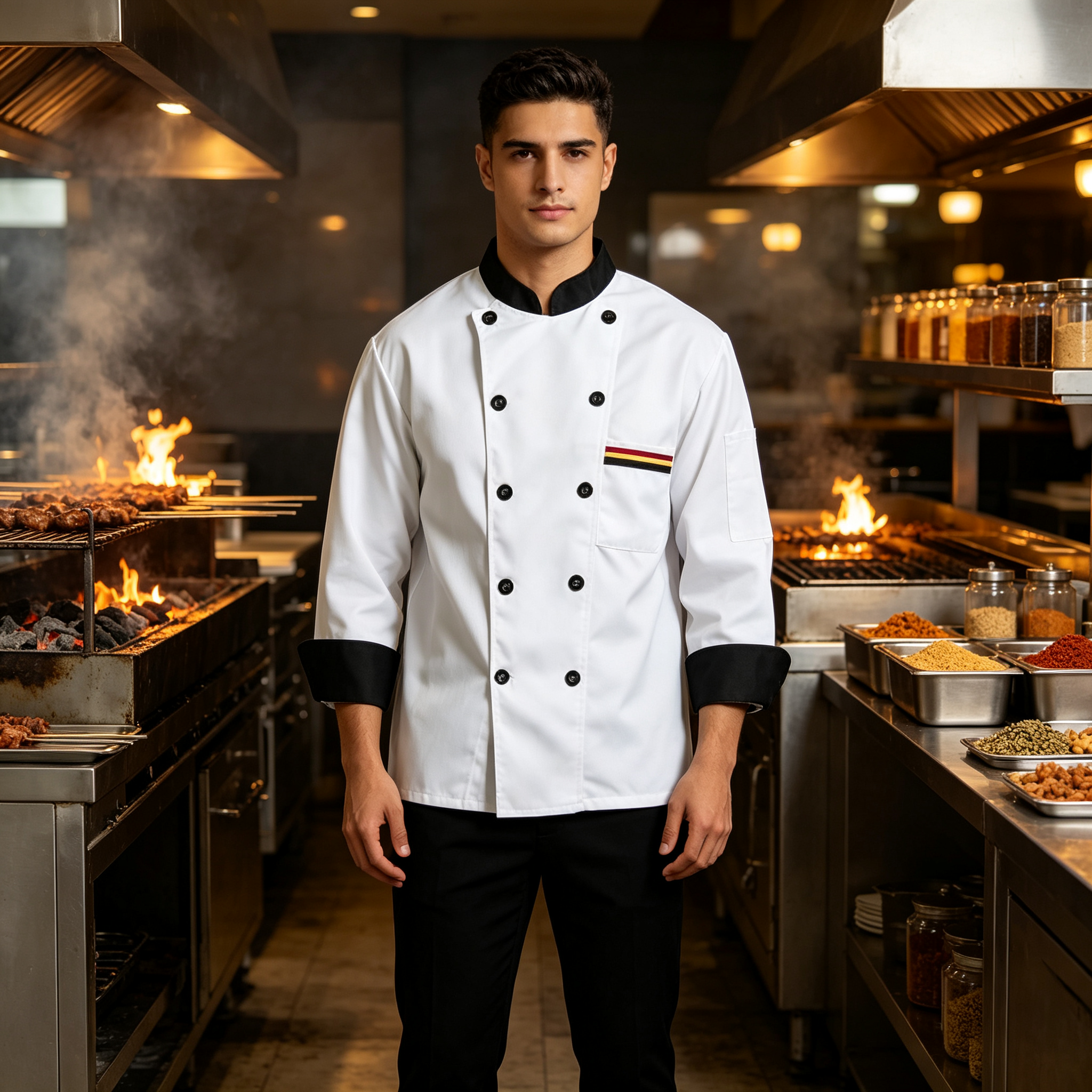 This men’s professional chef jacket features a clean white design with a black stand collar, black cuff bands, double breasted black buttons, and a square chest pocket with colorful stripe detail. The long sleeves and structured front provide a professional appearance while allowing comfort during busy service. The plain back supports a neat team uniform look. Suitable for chefs, line cooks, hotel kitchen staff, restaurant teams, and BBQ service._5