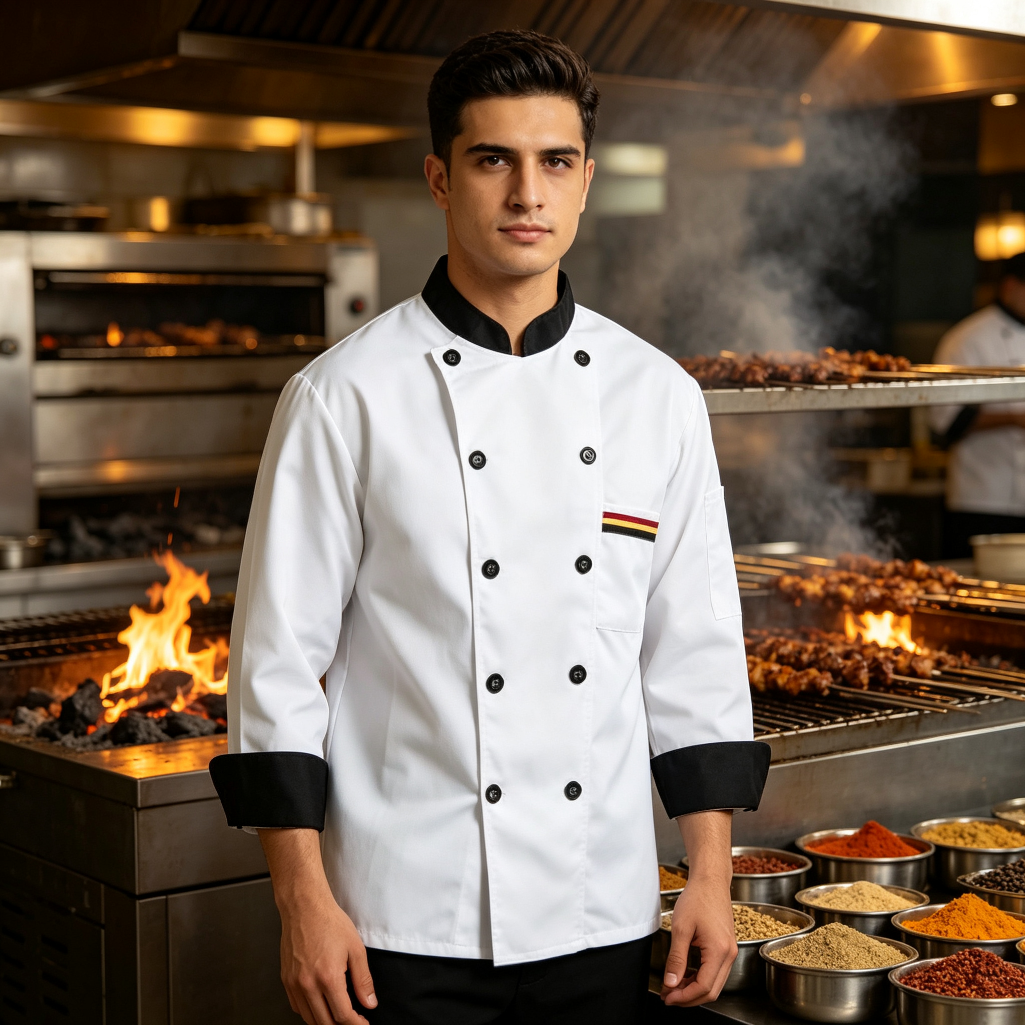 This men’s professional chef jacket features a clean white design with a black stand collar, black cuff bands, double breasted black buttons, and a square chest pocket with colorful stripe detail. The long sleeves and structured front provide a professional appearance while allowing comfort during busy service. The plain back supports a neat team uniform look. Suitable for chefs, line cooks, hotel kitchen staff, restaurant teams, and BBQ service._6