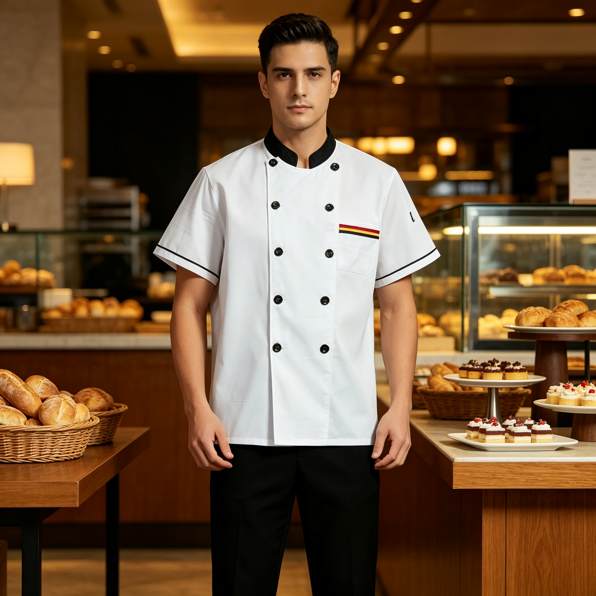 This men’s professional chef jacket features a clean white design with a black stand collar, black cuff bands, double breasted black buttons, and a square chest pocket with colorful stripe detail. The long sleeves and structured front provide a professional appearance while allowing comfort during busy service. The plain back supports a neat team uniform look. Suitable for chefs, line cooks, hotel kitchen staff, restaurant teams, and BBQ service._9