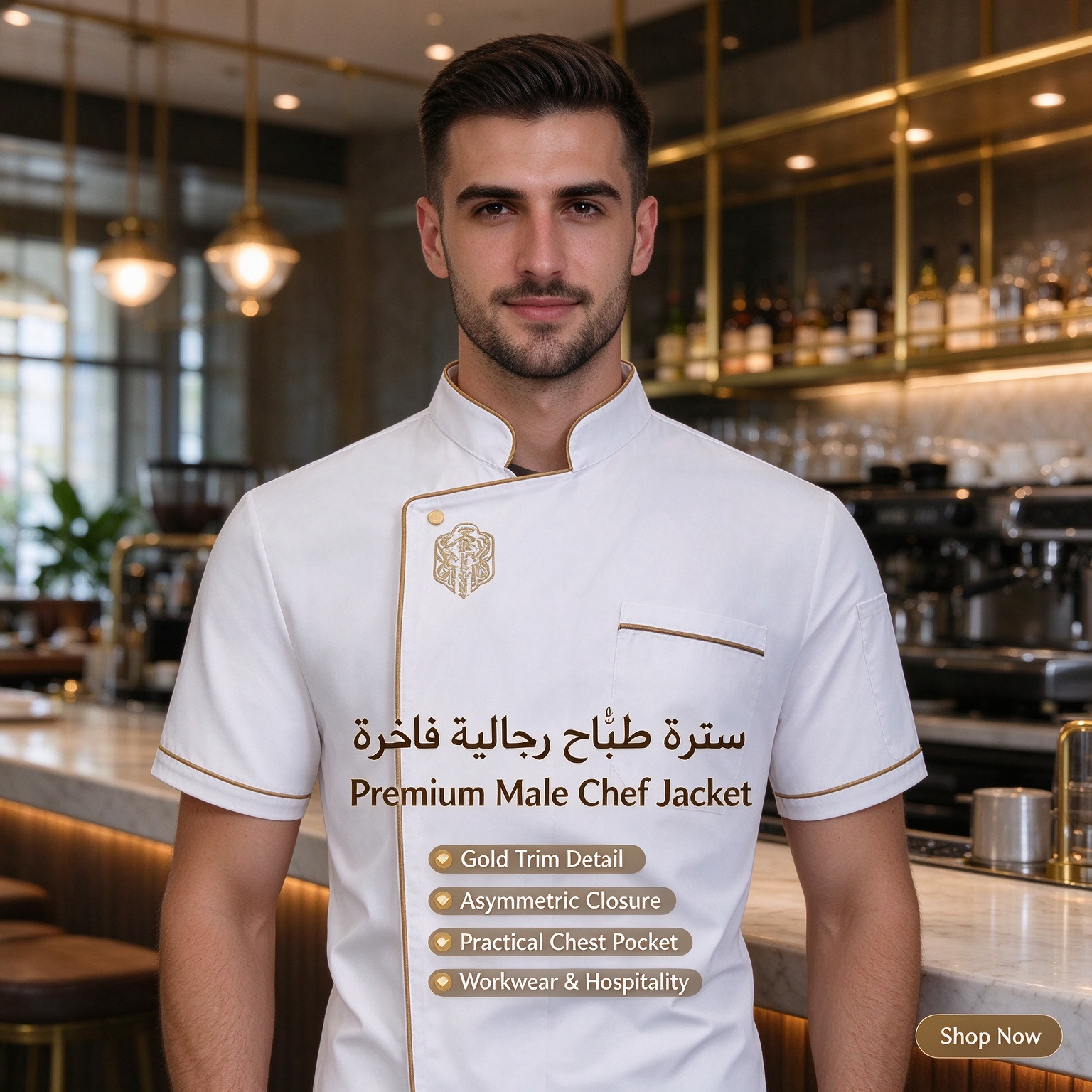 Elevate your professional look with this premium white male chef jacket. Designed with elegant gold trim, an asymmetric front closure, a practical chest pocket, and a refined regular fit, it combines style, comfort, and durability for daily hospitality use. Suitable for chefs, head cooks, restaurant staff, hotel teams, and café uniforms._4