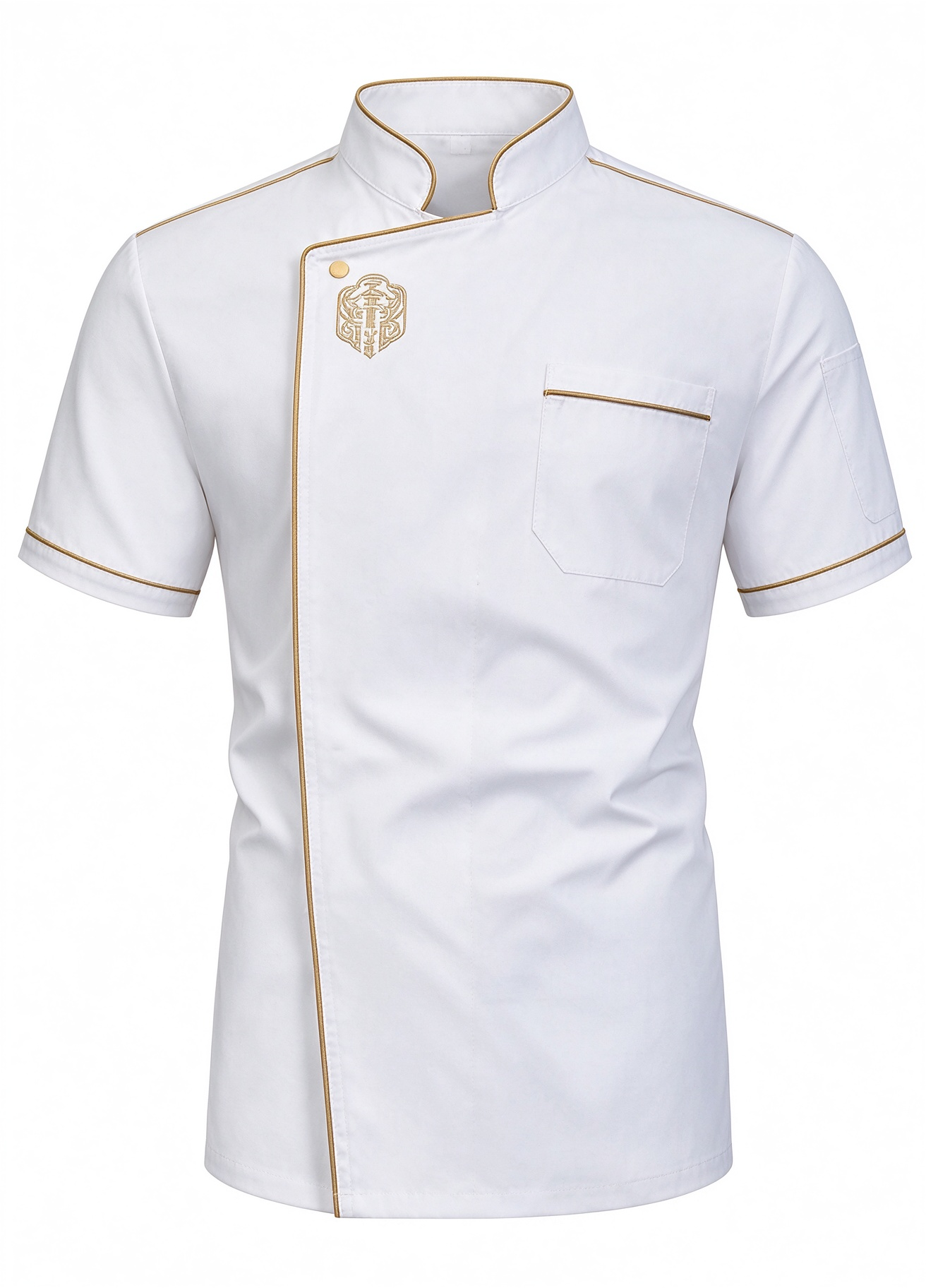 Elevate your professional look with this premium white male chef jacket. Designed with elegant gold trim, an asymmetric front closure, a practical chest pocket, and a refined regular fit, it combines style, comfort, and durability for daily hospitality use. Suitable for chefs, head cooks, restaurant staff, hotel teams, and café uniforms._2