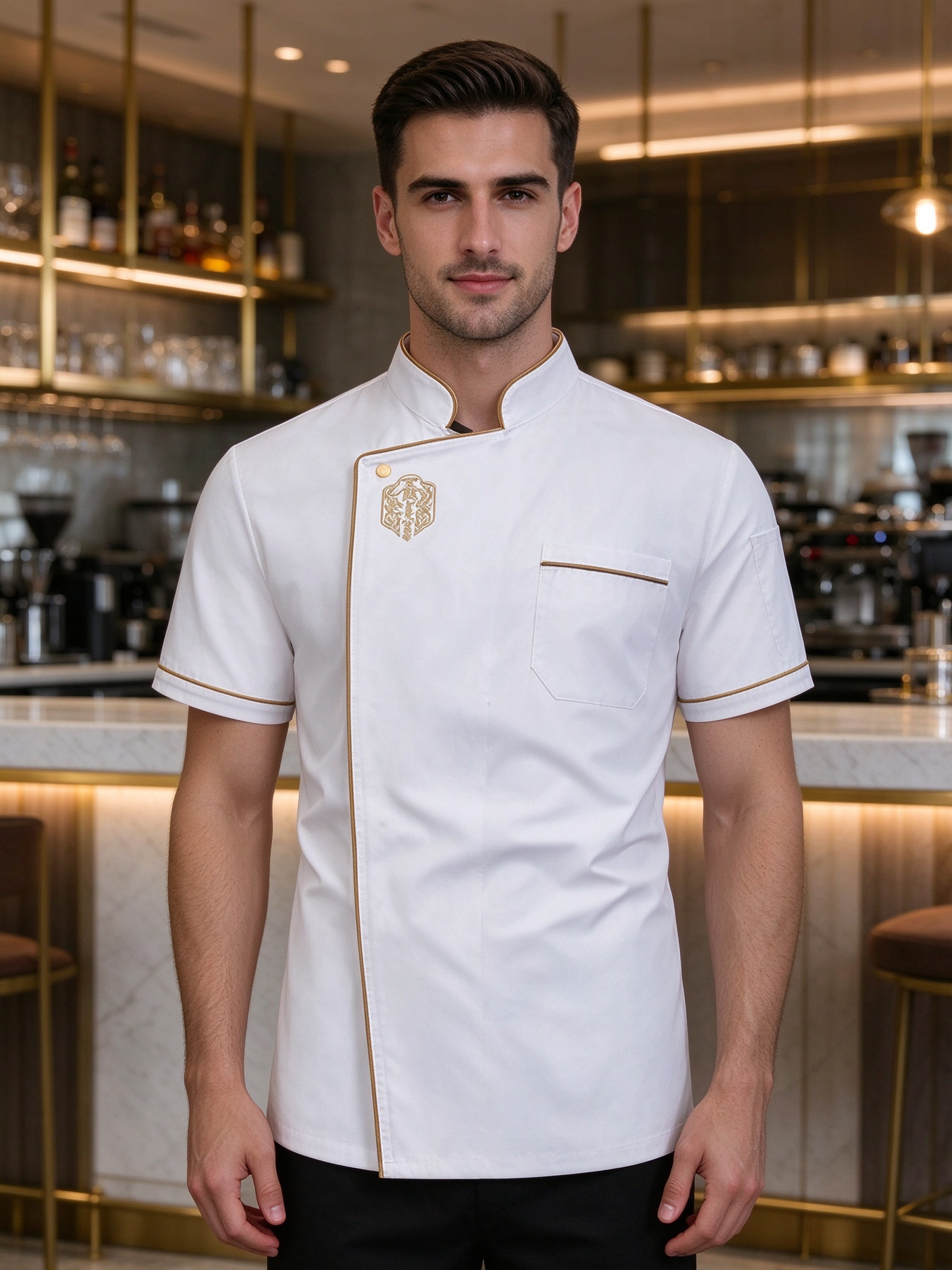 Elevate your professional look with this premium white male chef jacket. Designed with elegant gold trim, an asymmetric front closure, a practical chest pocket, and a refined regular fit, it combines style, comfort, and durability for daily hospitality use. Suitable for chefs, head cooks, restaurant staff, hotel teams, and café uniforms._5
