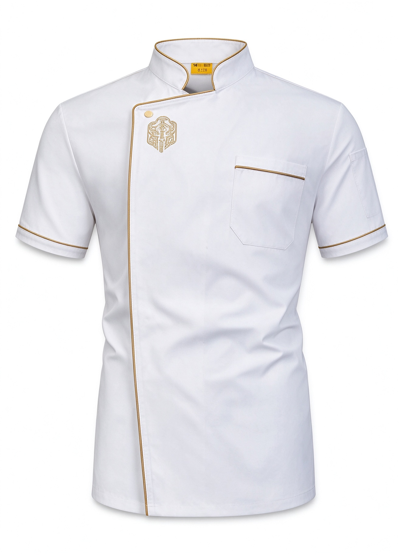 Elevate your professional look with this premium white male chef jacket. Designed with elegant gold trim, an asymmetric front closure, a practical chest pocket, and a refined regular fit, it combines style, comfort, and durability for daily hospitality use. Suitable for chefs, head cooks, restaurant staff, hotel teams, and café uniforms._3