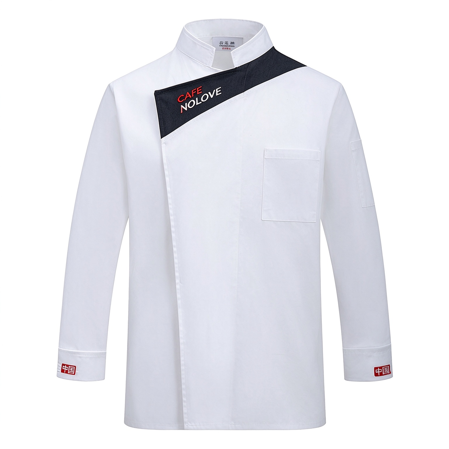 Stand out in the kitchen with this modern male chef jacket. It features a clean white body, a bold black diagonal stripe with graphic letter detail, a practical chest pocket, long sleeves, and a comfortable regular fit. Designed for chefs, line cooks, restaurant staff, hotel teams, and cafe uniforms who want a contemporary professional look._2