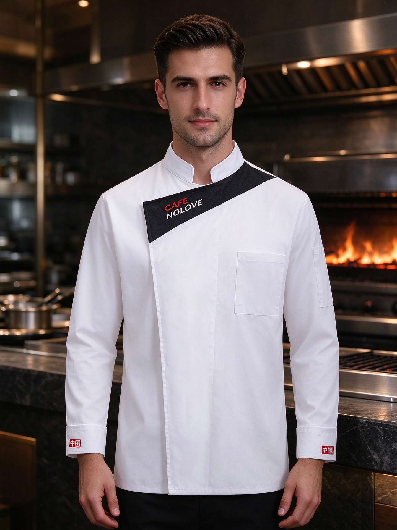 Stand out in the kitchen with this modern male chef jacket. It features a clean white body, a bold black diagonal stripe with graphic letter detail, a practical chest pocket, long sleeves, and a comfortable regular fit. Designed for chefs, line cooks, restaurant staff, hotel teams, and cafe uniforms who want a contemporary professional look._5