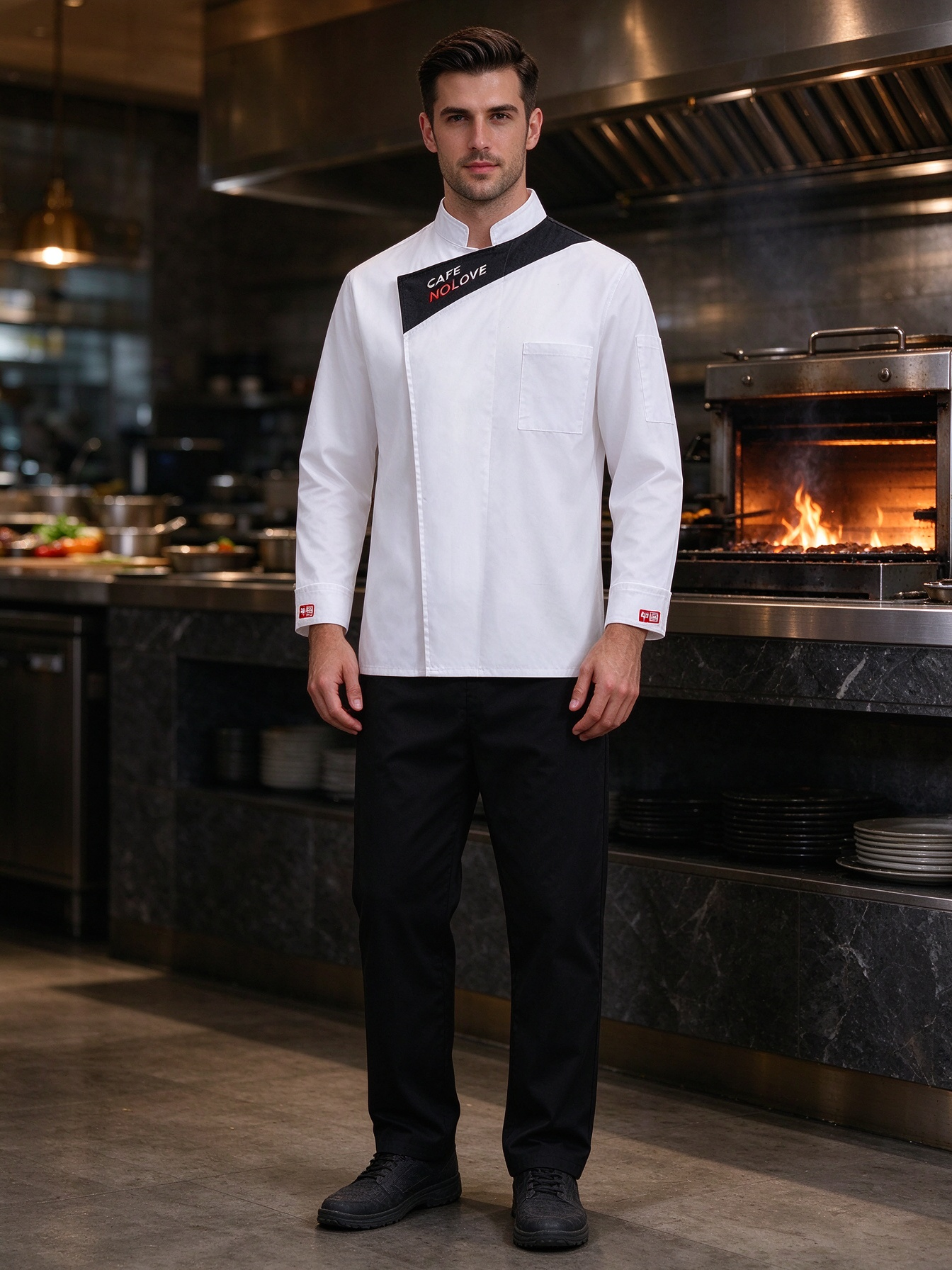 Stand out in the kitchen with this modern male chef jacket. It features a clean white body, a bold black diagonal stripe with graphic letter detail, a practical chest pocket, long sleeves, and a comfortable regular fit. Designed for chefs, line cooks, restaurant staff, hotel teams, and cafe uniforms who want a contemporary professional look._4