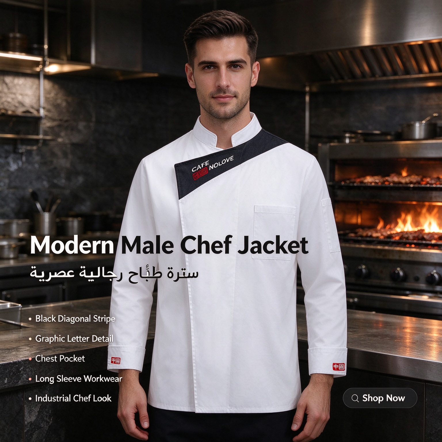 Stand out in the kitchen with this modern male chef jacket. It features a clean white body, a bold black diagonal stripe with graphic letter detail, a practical chest pocket, long sleeves, and a comfortable regular fit. Designed for chefs, line cooks, restaurant staff, hotel teams, and cafe uniforms who want a contemporary professional look._3