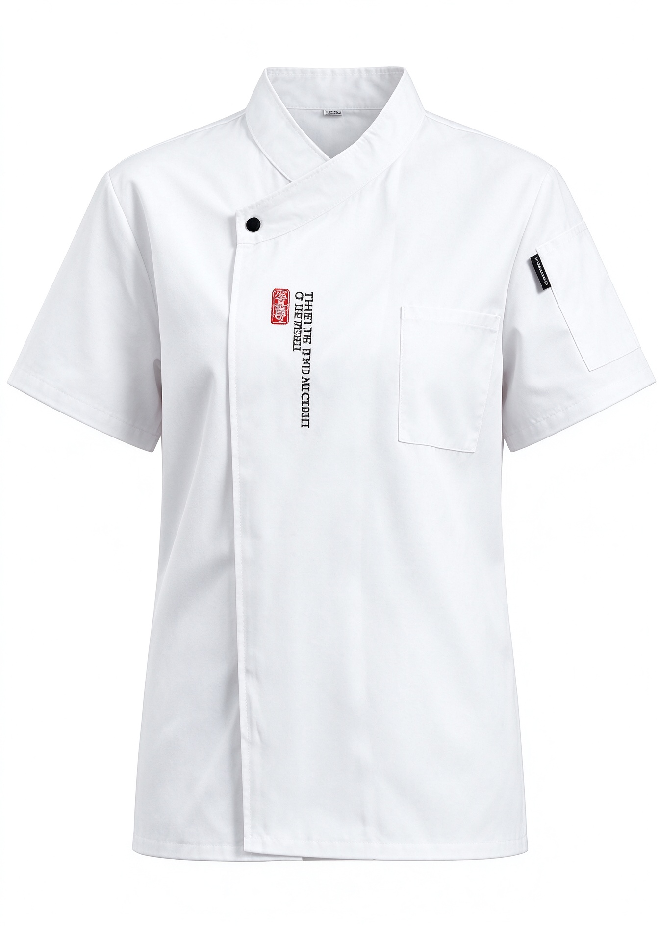 A clean and contemporary choice for female kitchen staff, this short sleeve chef jacket features a stand collar, asymmetric front closure, subtle chest print, practical chest pocket, and a comfortable regular fit. The bright white fabric gives a professional, hygienic look, while the structured design adds a modern touch to bakery, cafe, hotel, and restaurant uniforms._2