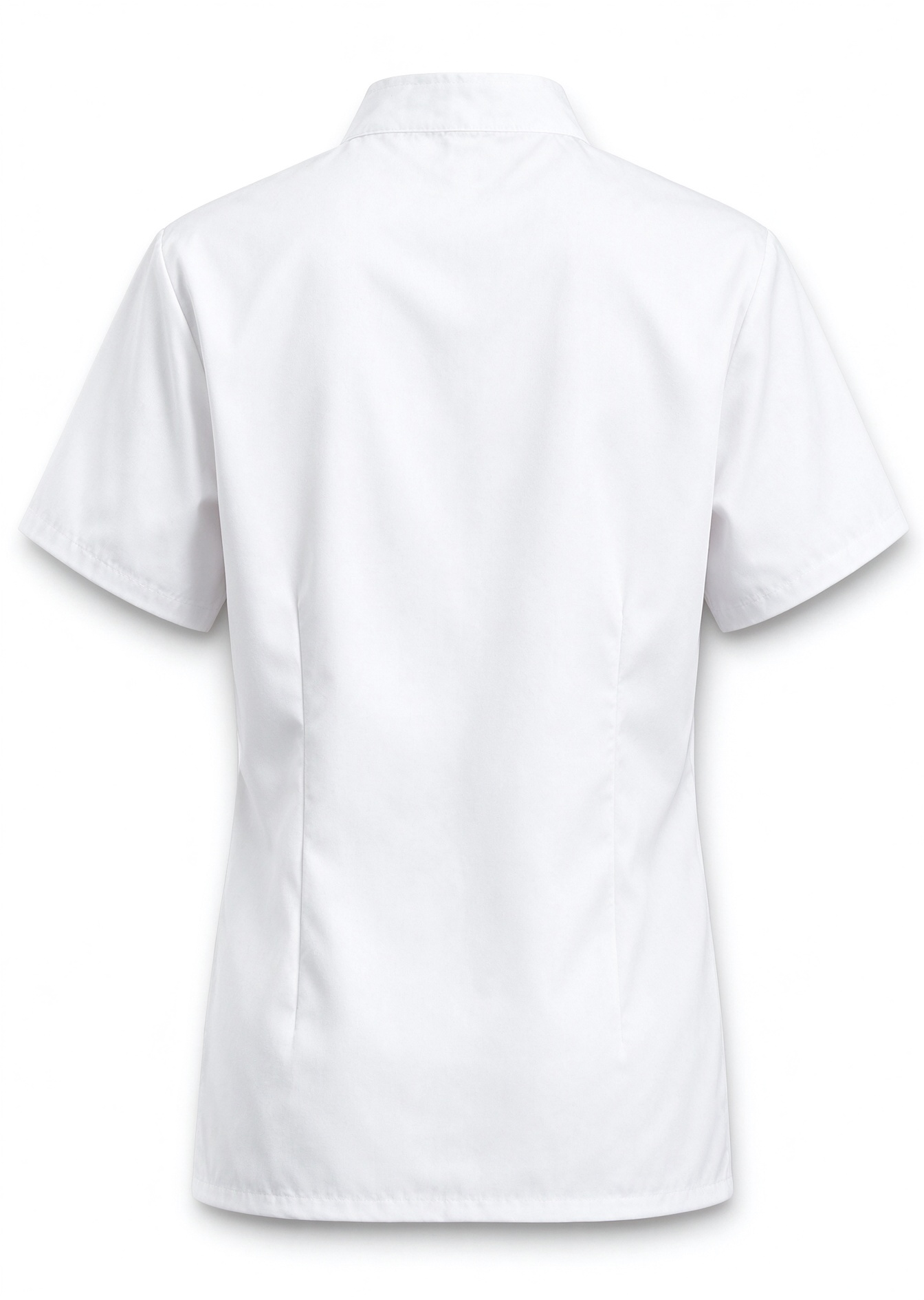 A clean and contemporary choice for female kitchen staff, this short sleeve chef jacket features a stand collar, asymmetric front closure, subtle chest print, practical chest pocket, and a comfortable regular fit. The bright white fabric gives a professional, hygienic look, while the structured design adds a modern touch to bakery, cafe, hotel, and restaurant uniforms._7