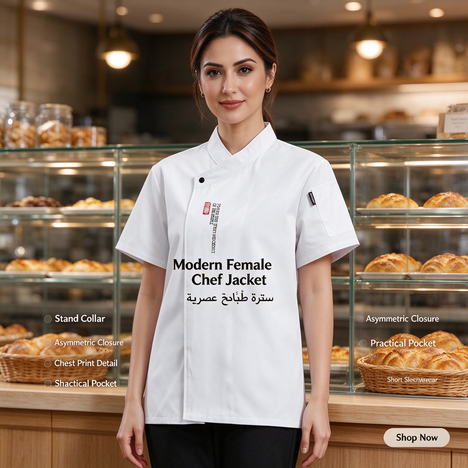 A clean and contemporary choice for female kitchen staff, this short sleeve chef jacket features a stand collar, asymmetric front closure, subtle chest print, practical chest pocket, and a comfortable regular fit. The bright white fabric gives a professional, hygienic look, while the structured design adds a modern touch to bakery, cafe, hotel, and restaurant uniforms._3