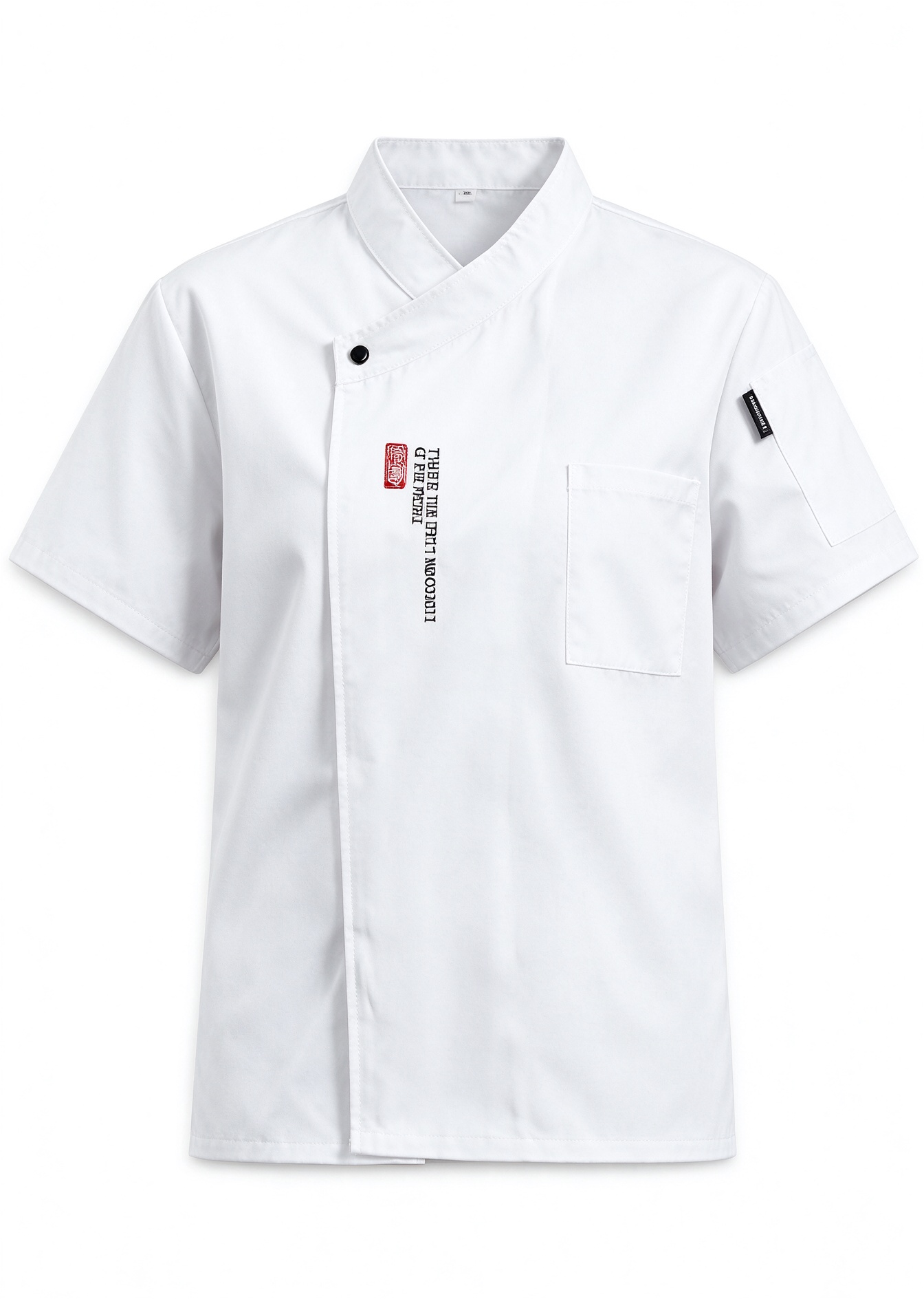 A clean and contemporary choice for female kitchen staff, this short sleeve chef jacket features a stand collar, asymmetric front closure, subtle chest print, practical chest pocket, and a comfortable regular fit. The bright white fabric gives a professional, hygienic look, while the structured design adds a modern touch to bakery, cafe, hotel, and restaurant uniforms._4