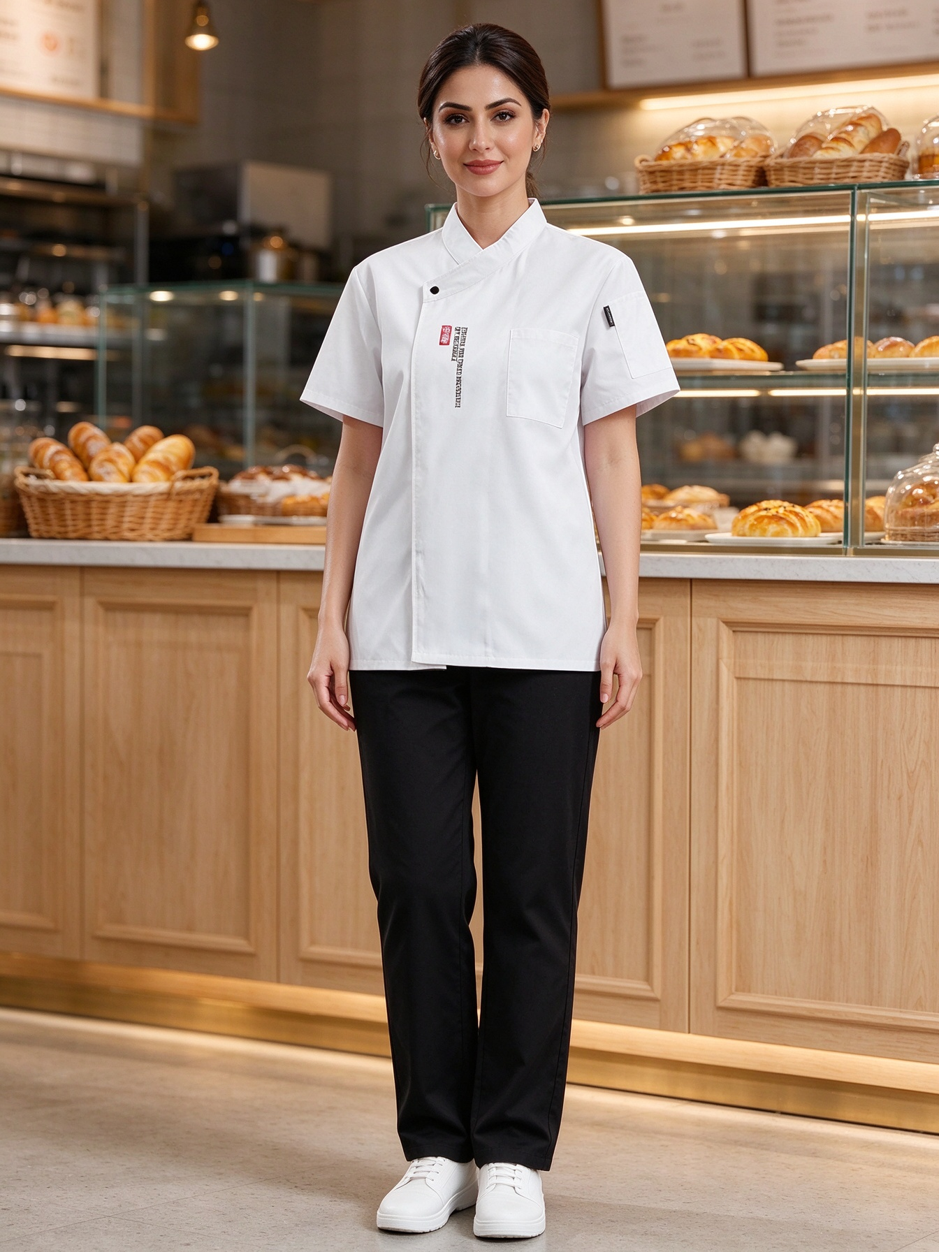 A clean and contemporary choice for female kitchen staff, this short sleeve chef jacket features a stand collar, asymmetric front closure, subtle chest print, practical chest pocket, and a comfortable regular fit. The bright white fabric gives a professional, hygienic look, while the structured design adds a modern touch to bakery, cafe, hotel, and restaurant uniforms._5