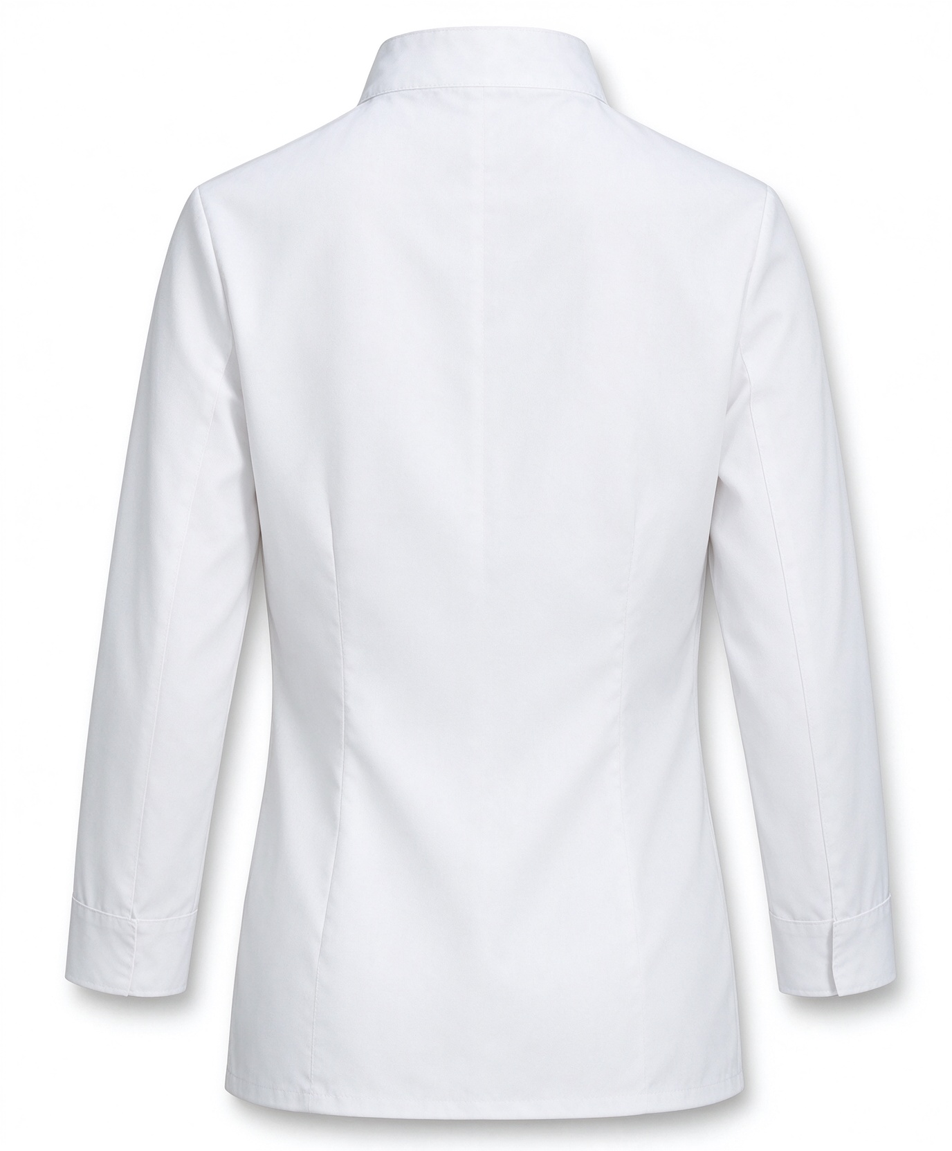 A refined choice for female kitchen and catering staff, this long sleeve chef jacket features a crisp stand collar, a stylish black button placket, subtle chest detail, and a tailored regular fit. The bright white fabric offers a clean, professional appearance, while the structured design adds a modern touch to hotel kitchens, fine dining restaurants, resorts, and catering teams._7