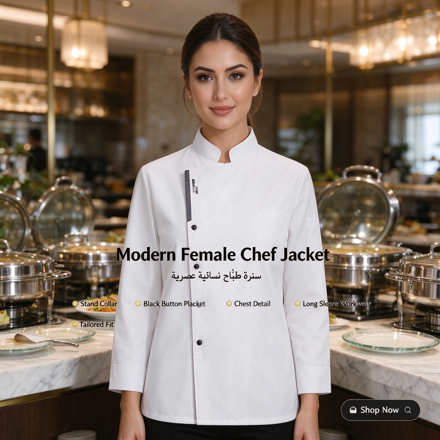 A refined choice for female kitchen and catering staff, this long sleeve chef jacket features a crisp stand collar, a stylish black button placket, subtle chest detail, and a tailored regular fit. The bright white fabric offers a clean, professional appearance, while the structured design adds a modern touch to hotel kitchens, fine dining restaurants, resorts, and catering teams._3