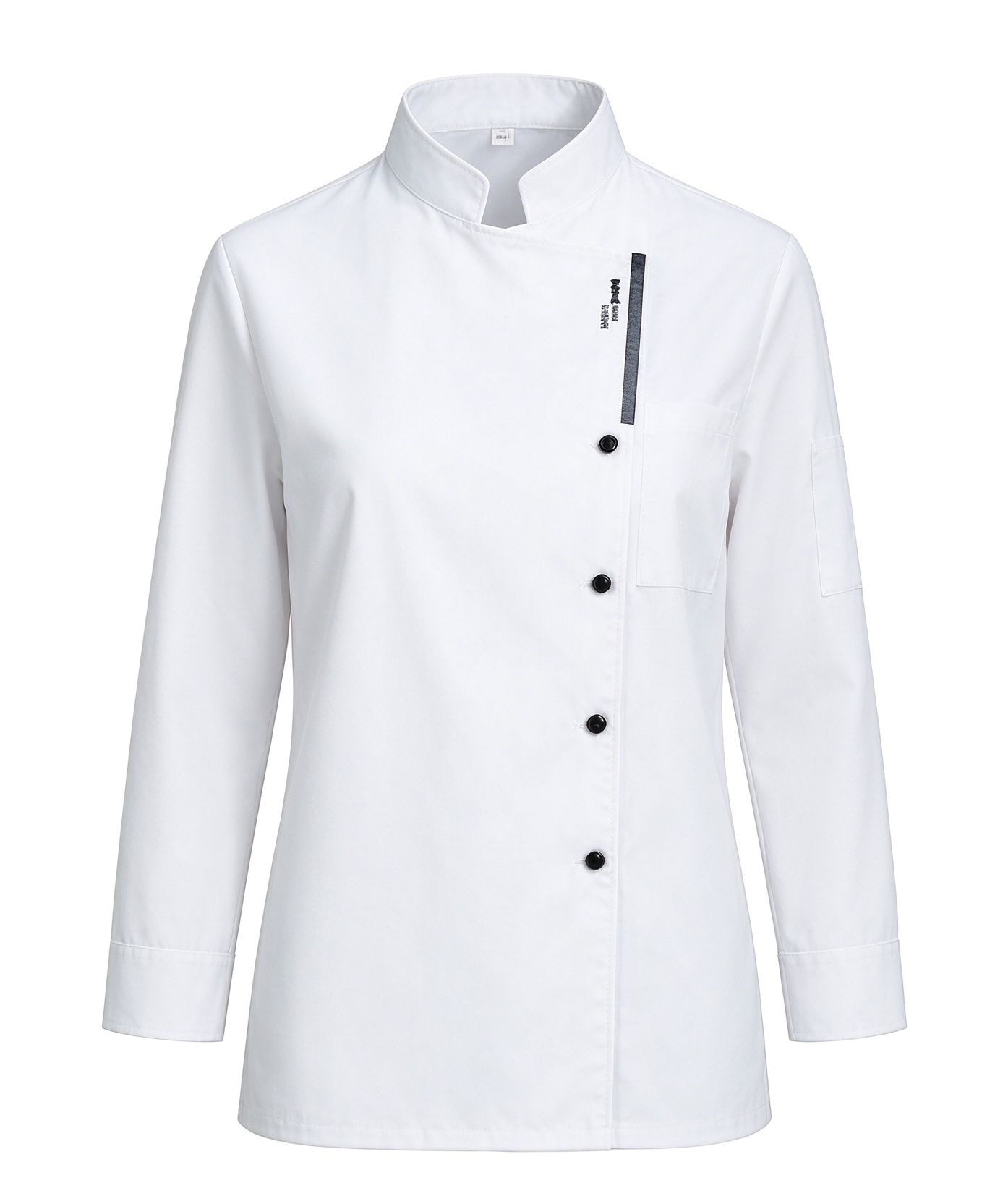 A refined choice for female kitchen and catering staff, this long sleeve chef jacket features a crisp stand collar, a stylish black button placket, subtle chest detail, and a tailored regular fit. The bright white fabric offers a clean, professional appearance, while the structured design adds a modern touch to hotel kitchens, fine dining restaurants, resorts, and catering teams._4