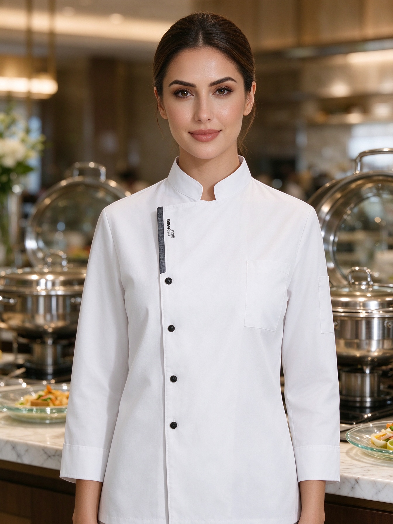 A refined choice for female kitchen and catering staff, this long sleeve chef jacket features a crisp stand collar, a stylish black button placket, subtle chest detail, and a tailored regular fit. The bright white fabric offers a clean, professional appearance, while the structured design adds a modern touch to hotel kitchens, fine dining restaurants, resorts, and catering teams._6