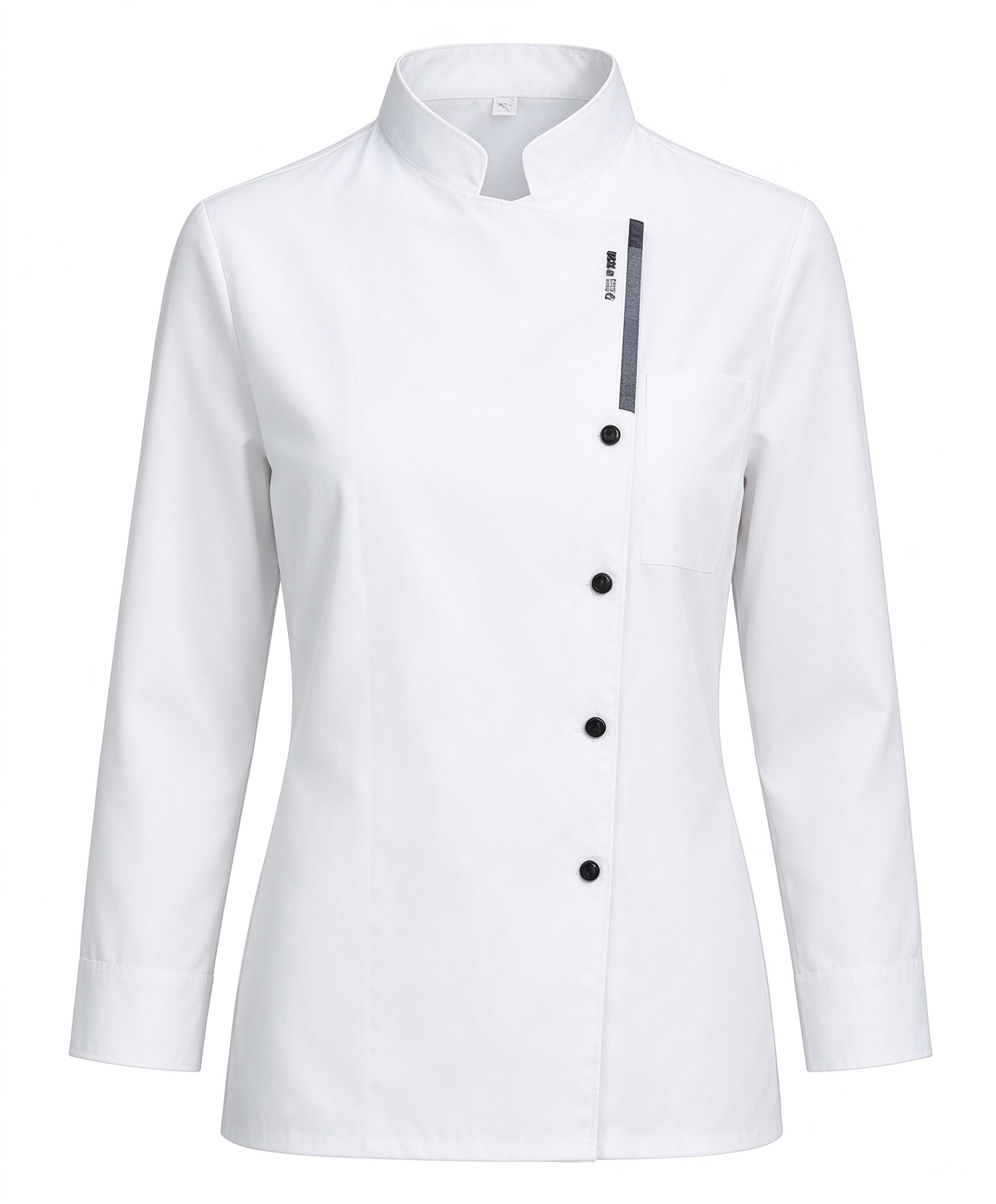 A refined choice for female kitchen and catering staff, this long sleeve chef jacket features a crisp stand collar, a stylish black button placket, subtle chest detail, and a tailored regular fit. The bright white fabric offers a clean, professional appearance, while the structured design adds a modern touch to hotel kitchens, fine dining restaurants, resorts, and catering teams._2