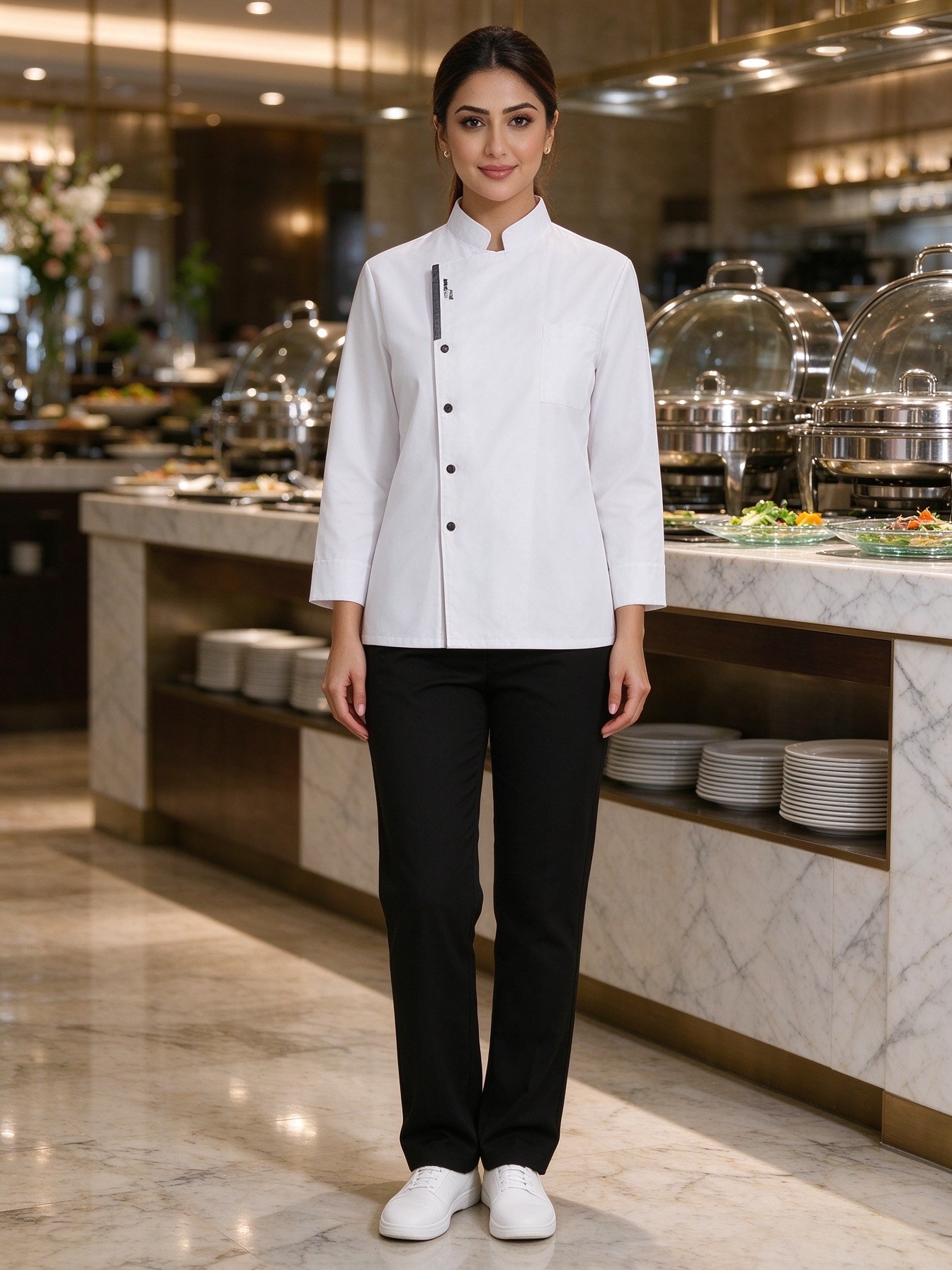 A refined choice for female kitchen and catering staff, this long sleeve chef jacket features a crisp stand collar, a stylish black button placket, subtle chest detail, and a tailored regular fit. The bright white fabric offers a clean, professional appearance, while the structured design adds a modern touch to hotel kitchens, fine dining restaurants, resorts, and catering teams._5