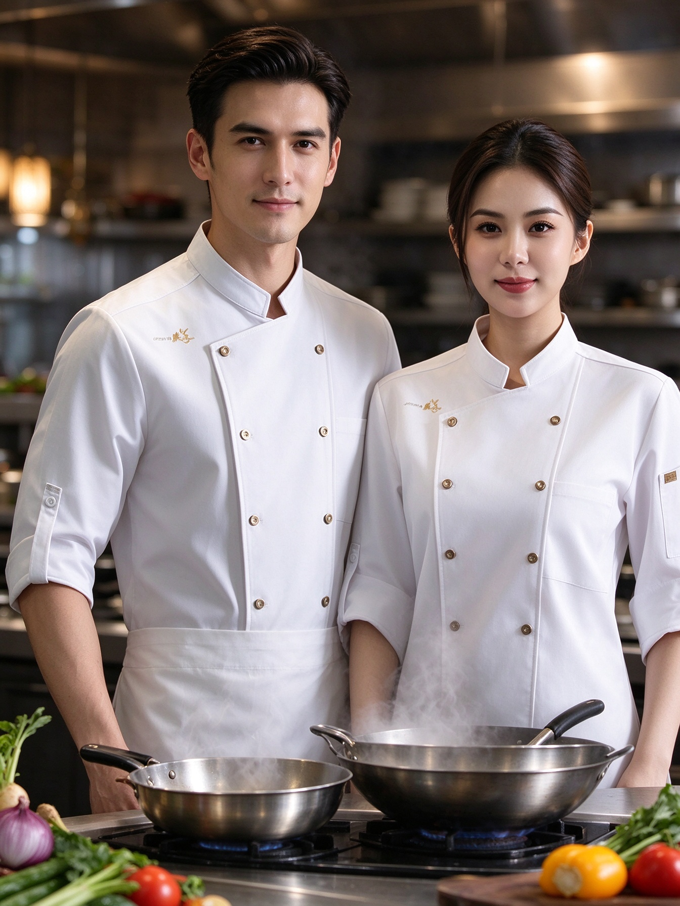 A smart and practical uniform option for male and female kitchen staff, this unisex chef jacket features a structured stand collar, dual button placket, subtle chest detail, refined cuff trim, and a comfortable straight fit. The bright white fabric presents a clean, hygienic look, while the classic design makes it suitable for restaurant kitchens, hotels, resorts, catering services, and professional chef teams._5