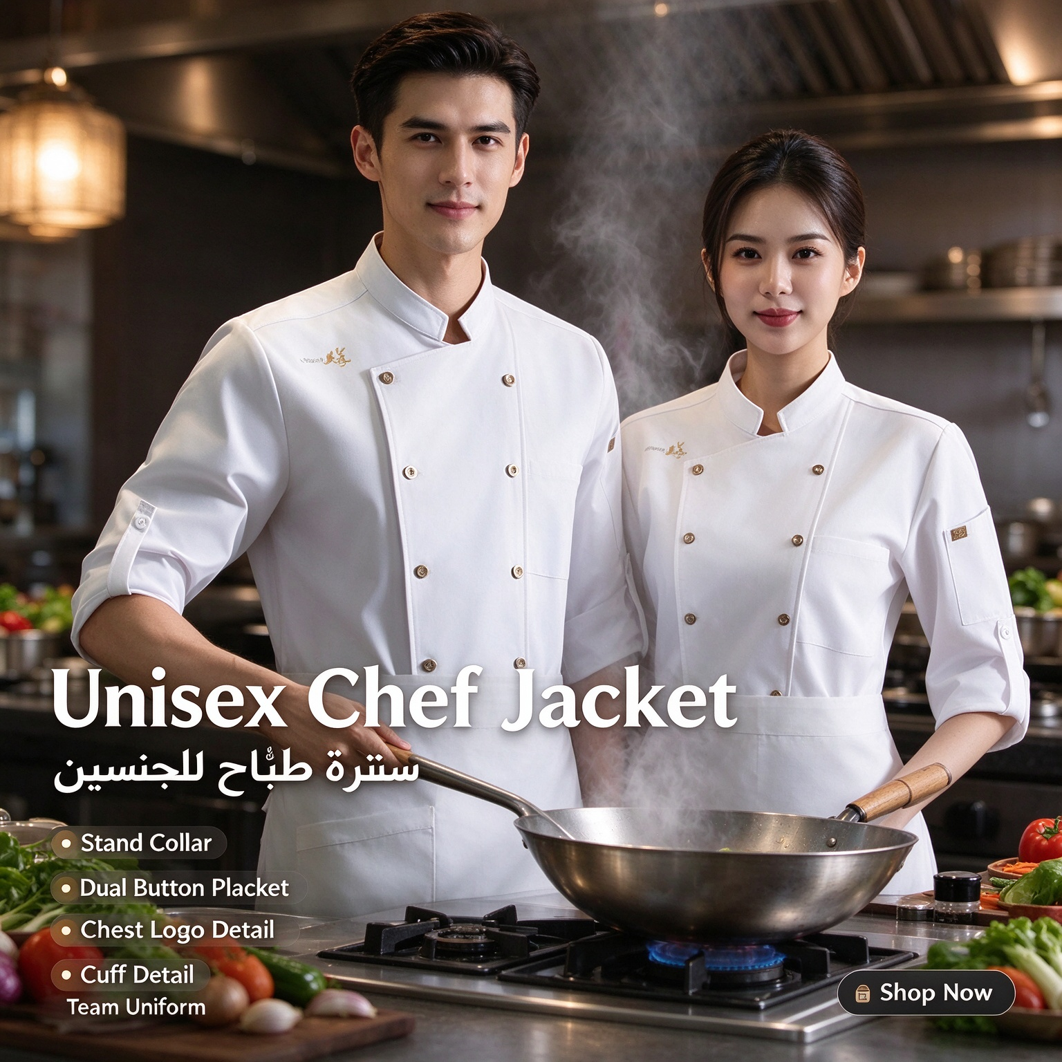 A smart and practical uniform option for male and female kitchen staff, this unisex chef jacket features a structured stand collar, dual button placket, subtle chest detail, refined cuff trim, and a comfortable straight fit. The bright white fabric presents a clean, hygienic look, while the classic design makes it suitable for restaurant kitchens, hotels, resorts, catering services, and professional chef teams._3