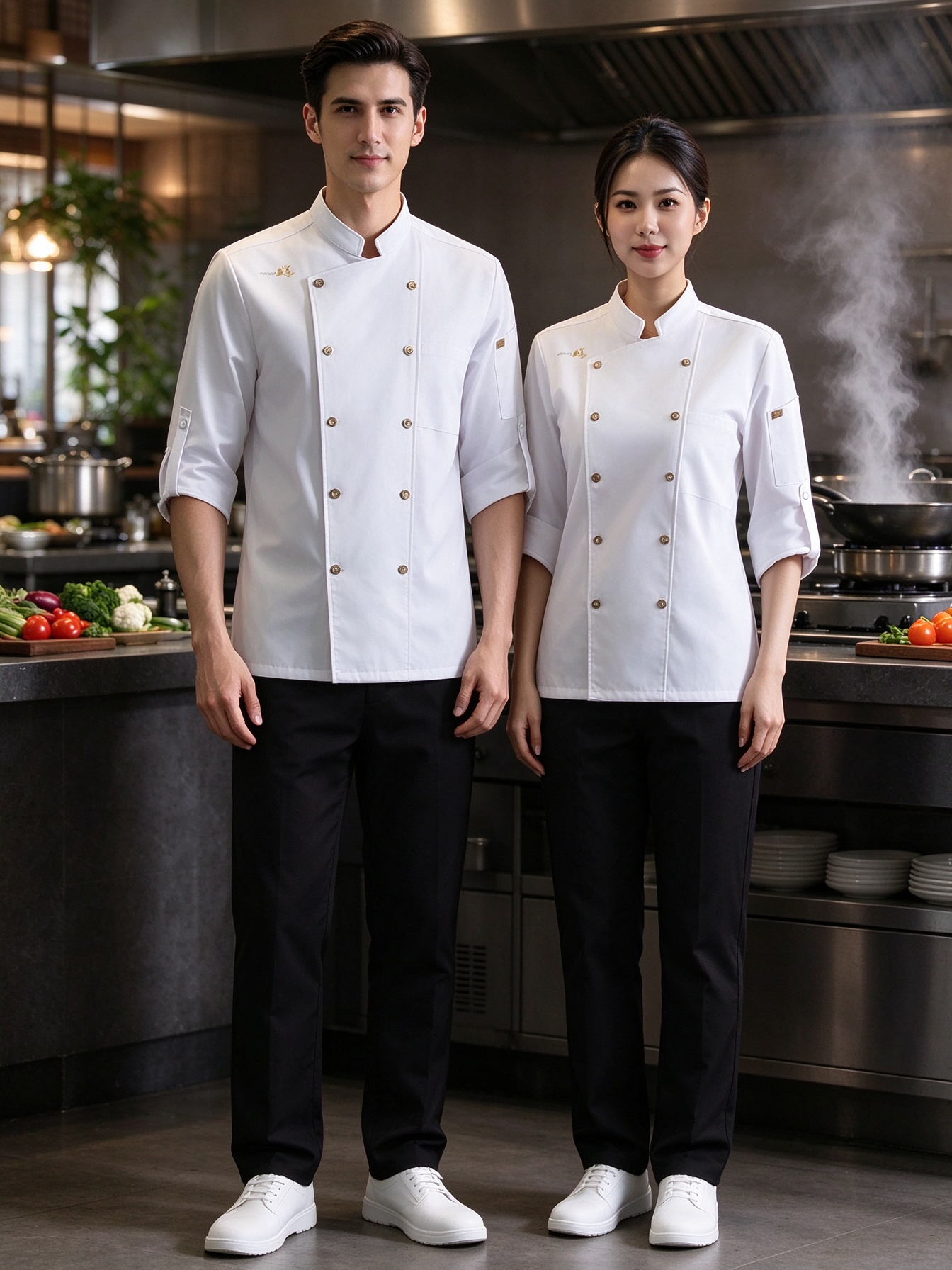 A smart and practical uniform option for male and female kitchen staff, this unisex chef jacket features a structured stand collar, dual button placket, subtle chest detail, refined cuff trim, and a comfortable straight fit. The bright white fabric presents a clean, hygienic look, while the classic design makes it suitable for restaurant kitchens, hotels, resorts, catering services, and professional chef teams._4