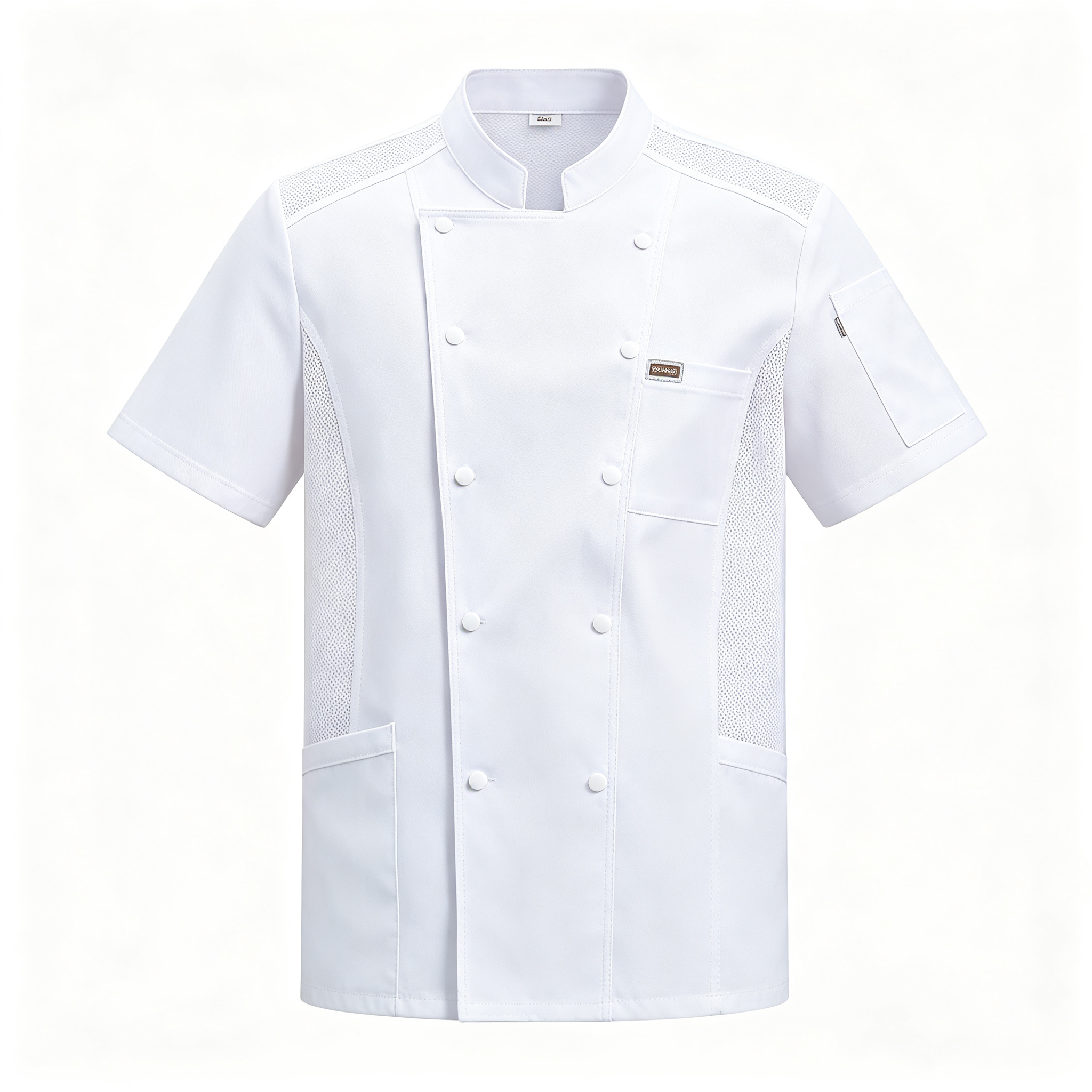 This men’s white chef uniform is designed for professional kitchen environments, restaurants, hotels, catering services, and bulk staff uniform orders. It includes a short-sleeve chef jacket, apron and chef cap, offering a clean, hygienic and practical look for culinary teams. The jacket is made of twill stretch cotton fabric, providing comfort, slight elasticity and durable wear during long shifts. It features a comfortable stand collar, double-breasted button closure, chest pocket, and breathable mesh panels on the back to help improve airflow in hot kitchen conditions. Suitable for chefs, kitchen staff, catering teams, hotel restaurants and cafeteria employees, this uniform supports daily kitchen work while maintaining a neat professional appearance. Multiple sizes are available for wholesale uniform procurement._2