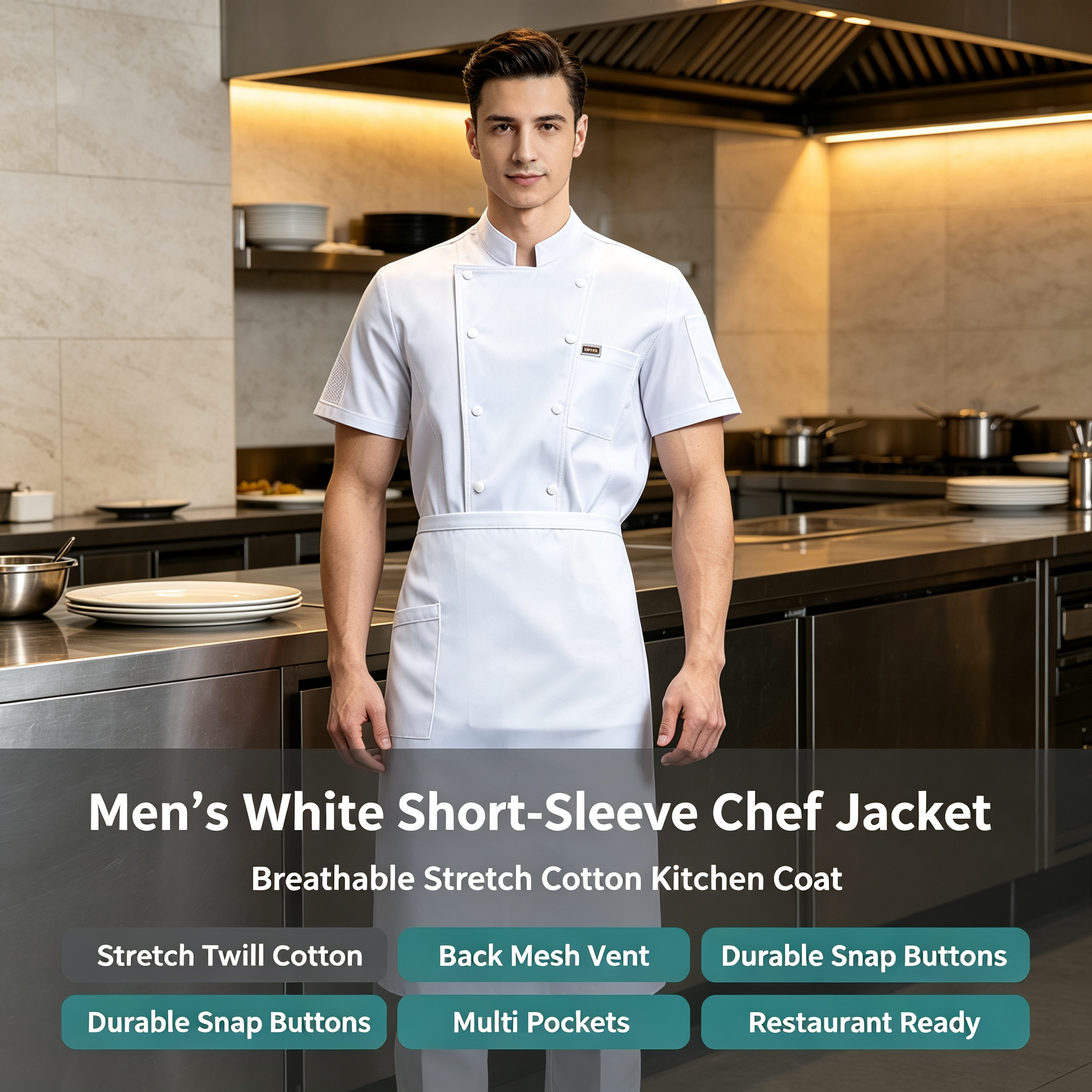 This men’s white chef uniform is designed for professional kitchen environments, restaurants, hotels, catering services, and bulk staff uniform orders. It includes a short-sleeve chef jacket, apron and chef cap, offering a clean, hygienic and practical look for culinary teams. The jacket is made of twill stretch cotton fabric, providing comfort, slight elasticity and durable wear during long shifts. It features a comfortable stand collar, double-breasted button closure, chest pocket, and breathable mesh panels on the back to help improve airflow in hot kitchen conditions. Suitable for chefs, kitchen staff, catering teams, hotel restaurants and cafeteria employees, this uniform supports daily kitchen work while maintaining a neat professional appearance. Multiple sizes are available for wholesale uniform procurement._4