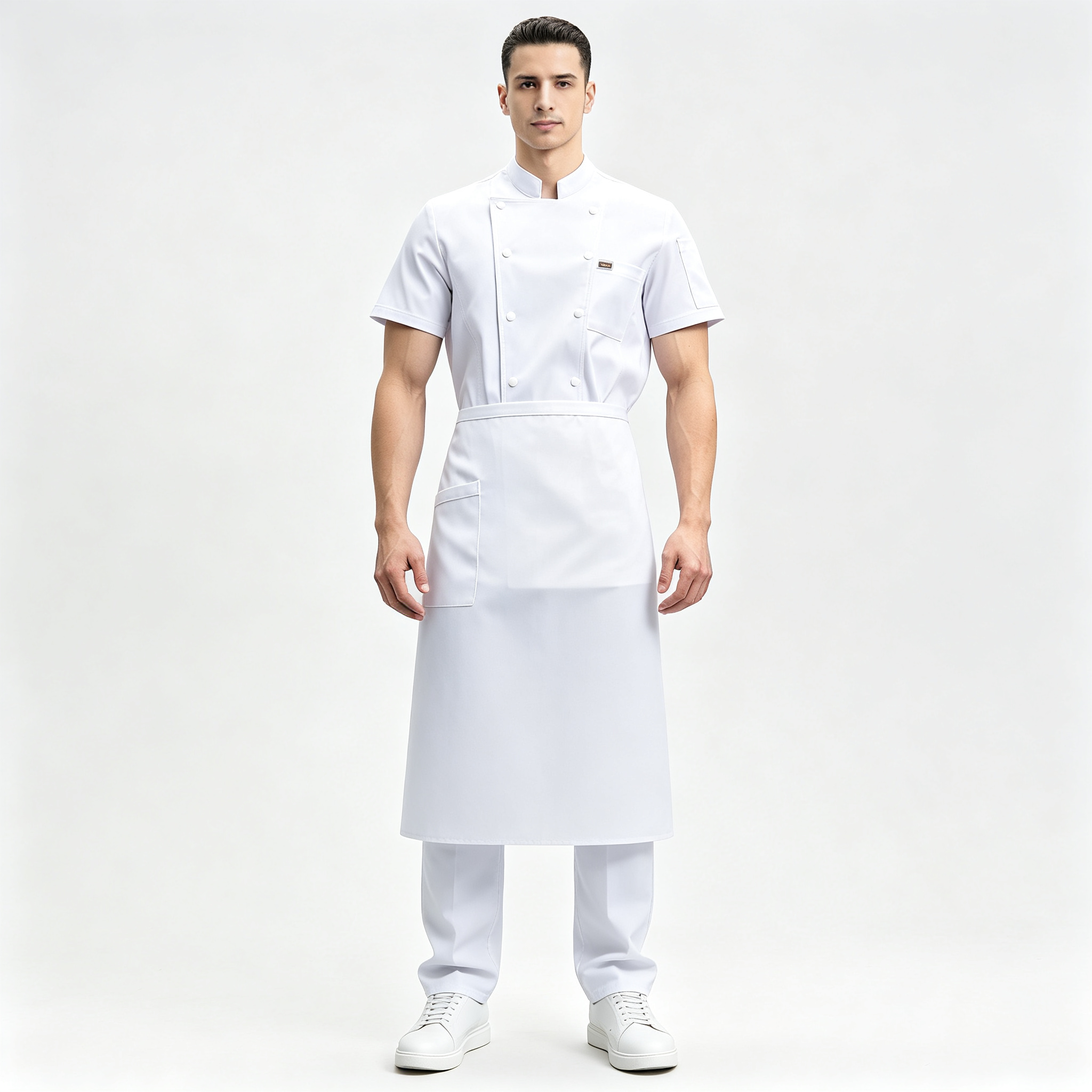 This men’s white chef uniform is designed for professional kitchen environments, restaurants, hotels, catering services, and bulk staff uniform orders. It includes a short-sleeve chef jacket, apron and chef cap, offering a clean, hygienic and practical look for culinary teams. The jacket is made of twill stretch cotton fabric, providing comfort, slight elasticity and durable wear during long shifts. It features a comfortable stand collar, double-breasted button closure, chest pocket, and breathable mesh panels on the back to help improve airflow in hot kitchen conditions. Suitable for chefs, kitchen staff, catering teams, hotel restaurants and cafeteria employees, this uniform supports daily kitchen work while maintaining a neat professional appearance. Multiple sizes are available for wholesale uniform procurement._3