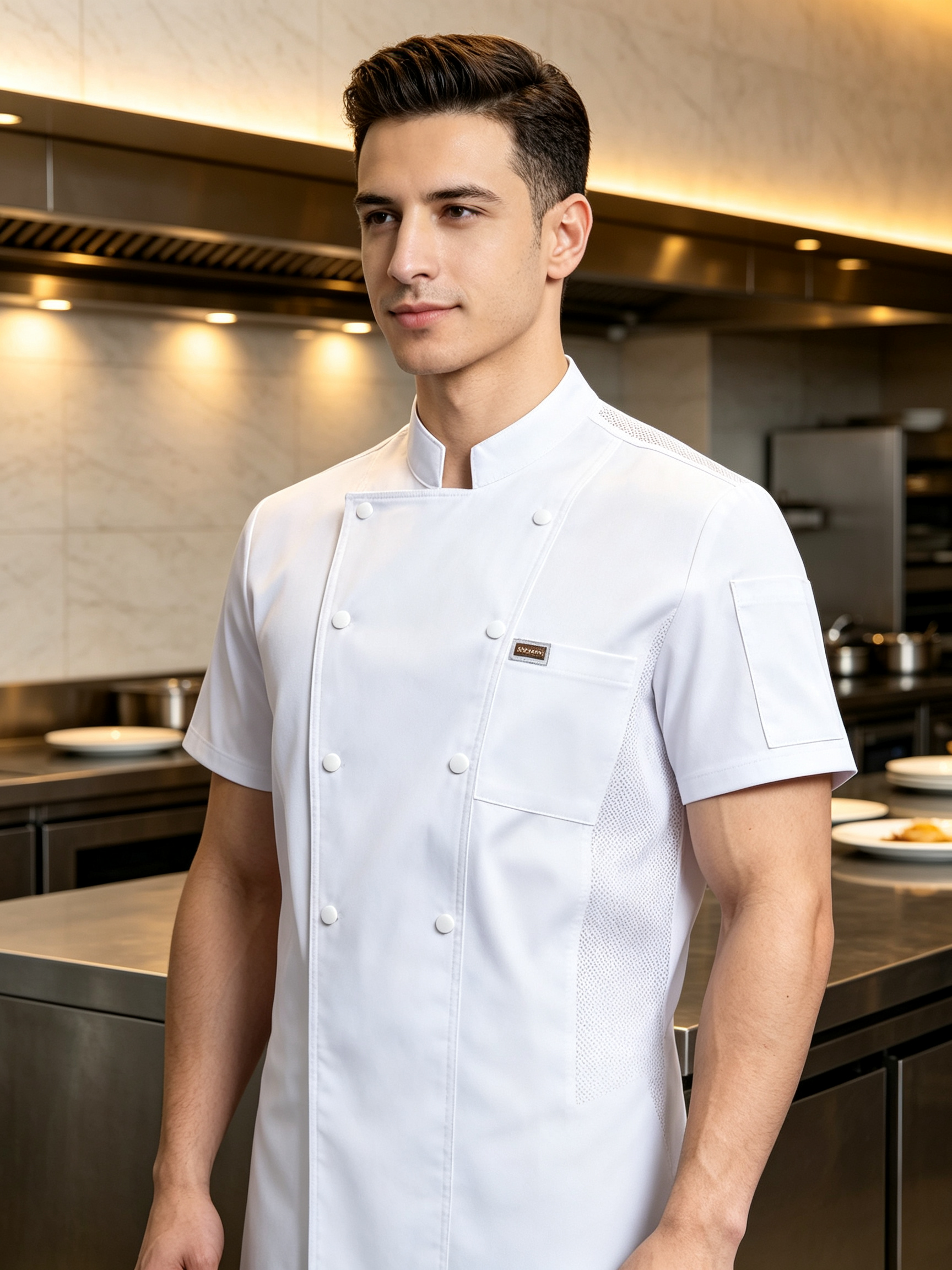 This men’s white chef uniform is designed for professional kitchen environments, restaurants, hotels, catering services, and bulk staff uniform orders. It includes a short-sleeve chef jacket, apron and chef cap, offering a clean, hygienic and practical look for culinary teams. The jacket is made of twill stretch cotton fabric, providing comfort, slight elasticity and durable wear during long shifts. It features a comfortable stand collar, double-breasted button closure, chest pocket, and breathable mesh panels on the back to help improve airflow in hot kitchen conditions. Suitable for chefs, kitchen staff, catering teams, hotel restaurants and cafeteria employees, this uniform supports daily kitchen work while maintaining a neat professional appearance. Multiple sizes are available for wholesale uniform procurement._6