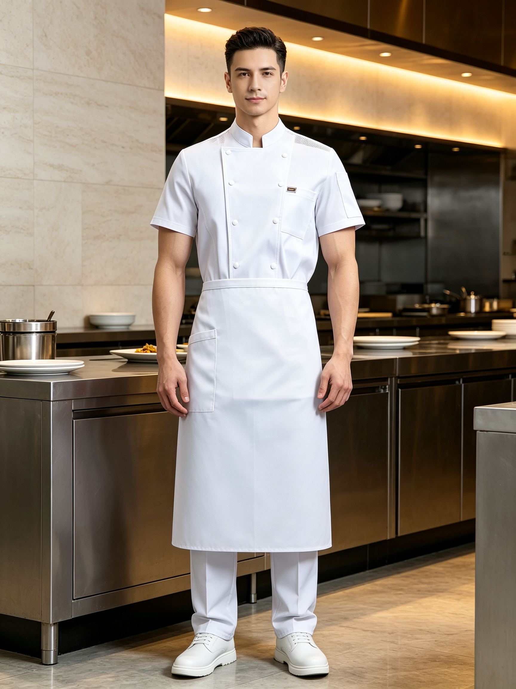 This men’s white chef uniform is designed for professional kitchen environments, restaurants, hotels, catering services, and bulk staff uniform orders. It includes a short-sleeve chef jacket, apron and chef cap, offering a clean, hygienic and practical look for culinary teams. The jacket is made of twill stretch cotton fabric, providing comfort, slight elasticity and durable wear during long shifts. It features a comfortable stand collar, double-breasted button closure, chest pocket, and breathable mesh panels on the back to help improve airflow in hot kitchen conditions. Suitable for chefs, kitchen staff, catering teams, hotel restaurants and cafeteria employees, this uniform supports daily kitchen work while maintaining a neat professional appearance. Multiple sizes are available for wholesale uniform procurement._5