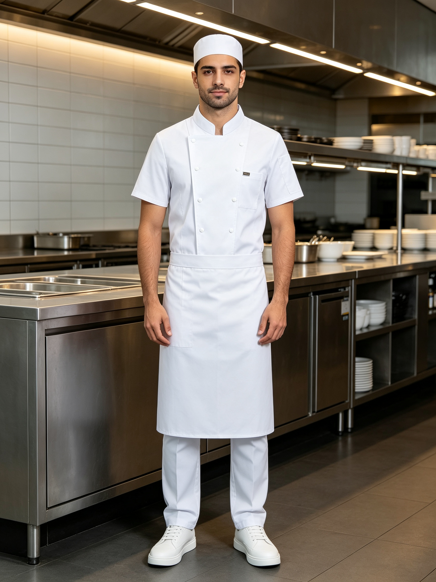 This men’s white short-sleeve chef jacket is designed for professional kitchen environments, hotels, restaurants, catering services, and bulk staff uniform orders. It is made of stretch twill cotton fabric, offering comfort, slight elasticity, durable wear, and a neat professional appearance during long shifts. The chef jacket features a comfortable stand collar, double-breasted snap button closure, chest pocket, side sleeve pocket, and breathable mesh panels on the upper back to improve airflow in hot kitchen conditions. It is suitable for chefs, kitchen staff, hotel restaurants, cafeterias, and catering teams._5