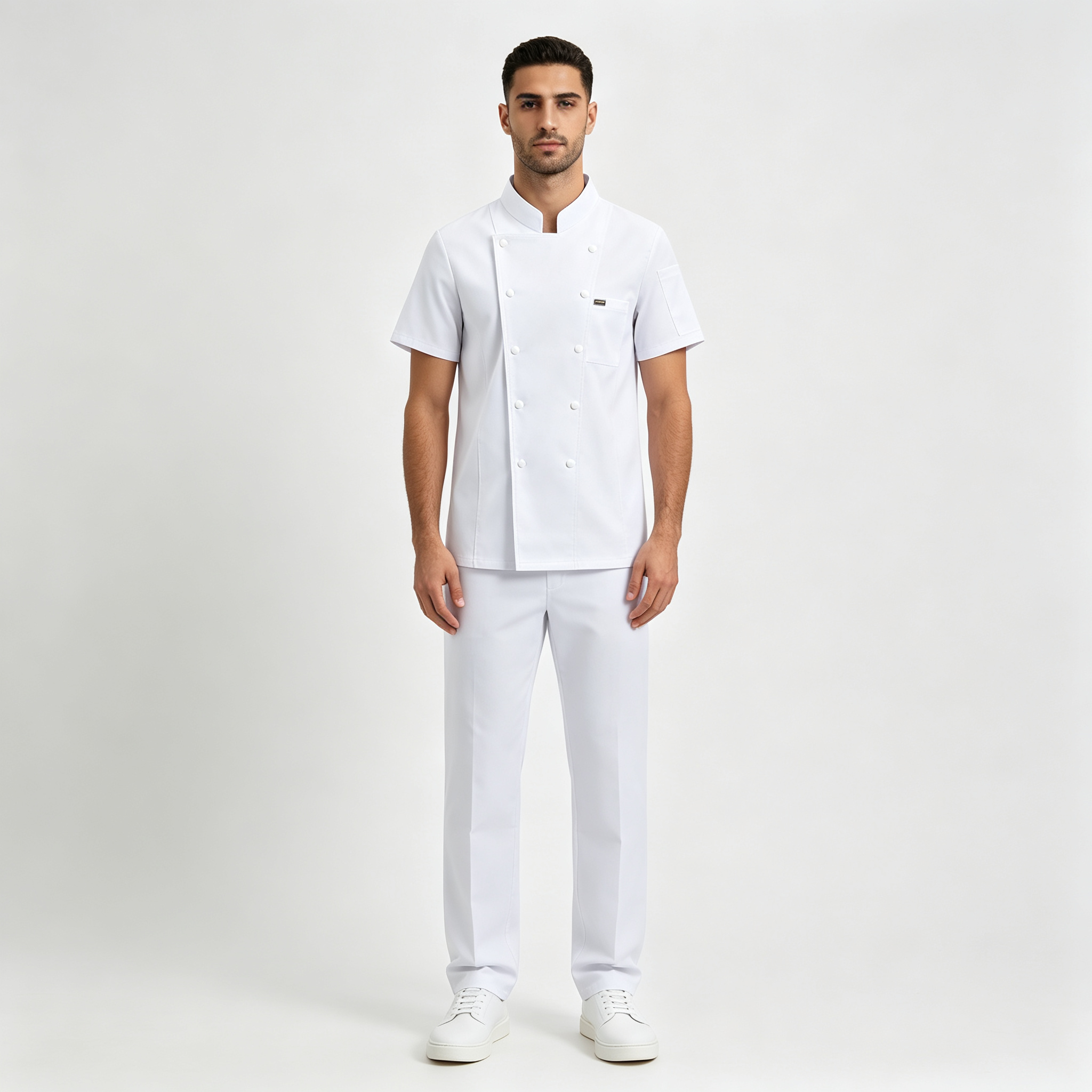 This men’s white short-sleeve chef jacket is designed for professional kitchen environments, hotels, restaurants, catering services, and bulk staff uniform orders. It is made of stretch twill cotton fabric, offering comfort, slight elasticity, durable wear, and a neat professional appearance during long shifts. The chef jacket features a comfortable stand collar, double-breasted snap button closure, chest pocket, side sleeve pocket, and breathable mesh panels on the upper back to improve airflow in hot kitchen conditions. It is suitable for chefs, kitchen staff, hotel restaurants, cafeterias, and catering teams._3
