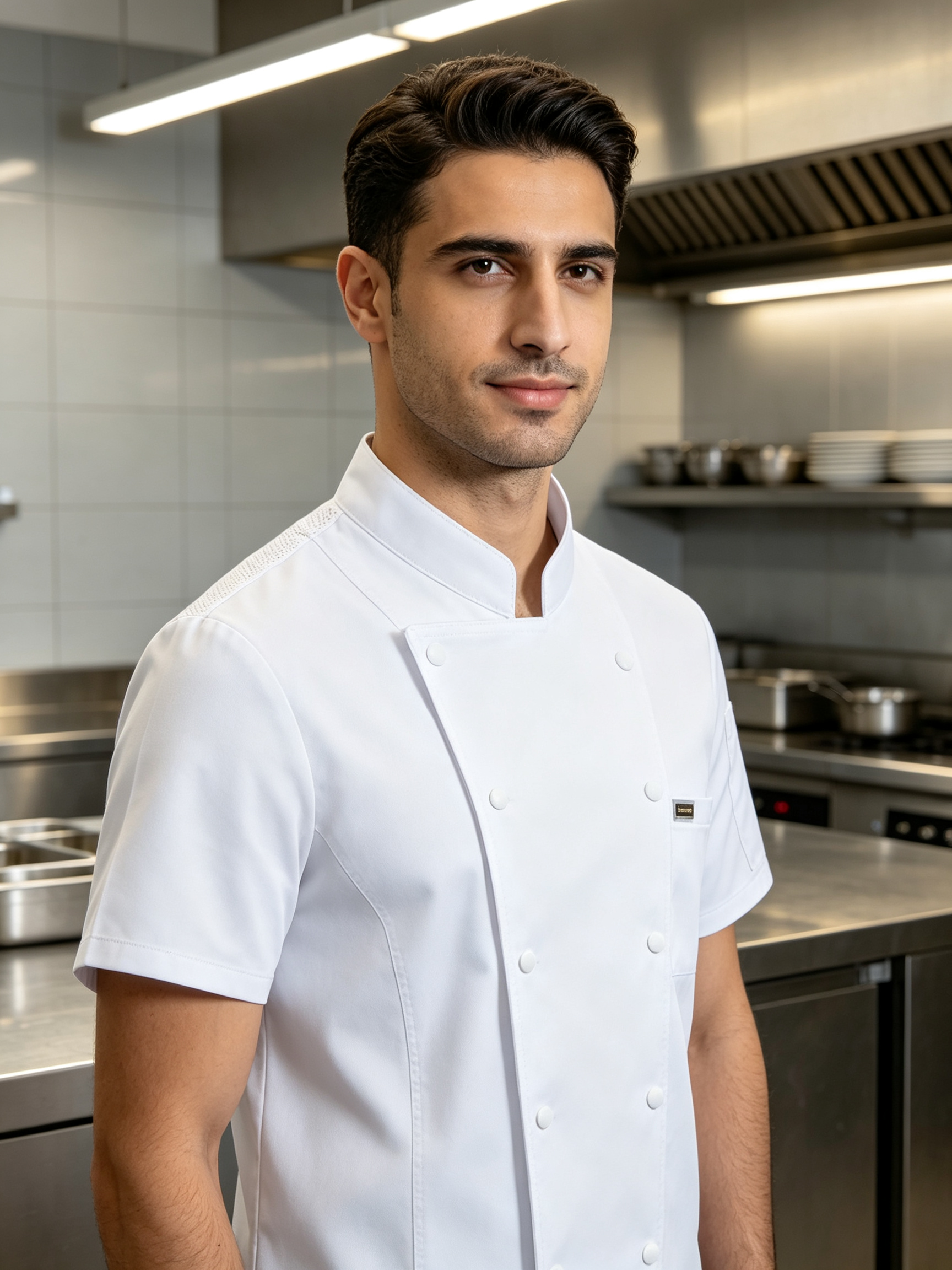 This men’s white short-sleeve chef jacket is designed for professional kitchen environments, hotels, restaurants, catering services, and bulk staff uniform orders. It is made of stretch twill cotton fabric, offering comfort, slight elasticity, durable wear, and a neat professional appearance during long shifts. The chef jacket features a comfortable stand collar, double-breasted snap button closure, chest pocket, side sleeve pocket, and breathable mesh panels on the upper back to improve airflow in hot kitchen conditions. It is suitable for chefs, kitchen staff, hotel restaurants, cafeterias, and catering teams._6