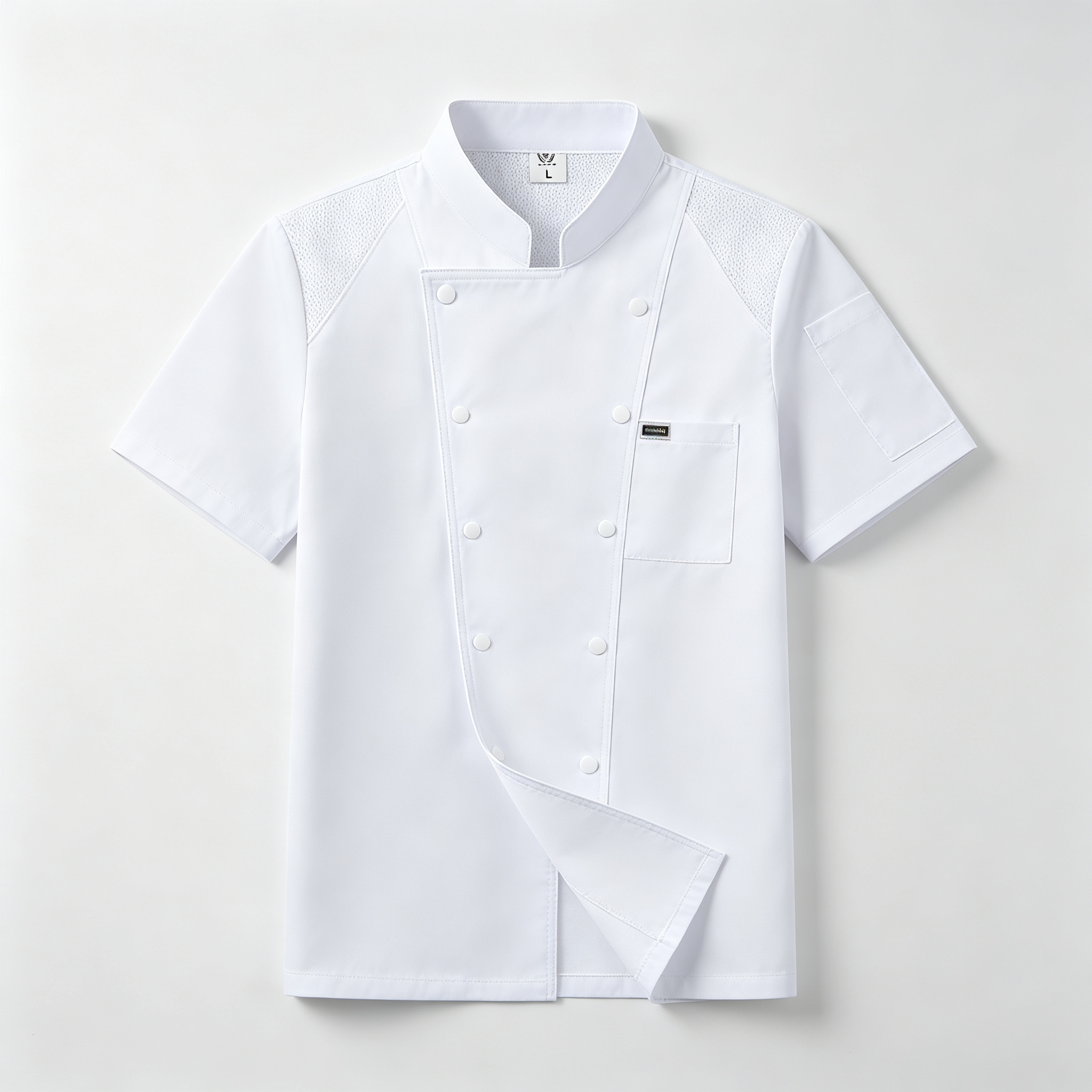 This men’s white short-sleeve chef jacket is designed for professional kitchen environments, hotels, restaurants, catering services, and bulk staff uniform orders. It is made of stretch twill cotton fabric, offering comfort, slight elasticity, durable wear, and a neat professional appearance during long shifts. The chef jacket features a comfortable stand collar, double-breasted snap button closure, chest pocket, side sleeve pocket, and breathable mesh panels on the upper back to improve airflow in hot kitchen conditions. It is suitable for chefs, kitchen staff, hotel restaurants, cafeterias, and catering teams._2