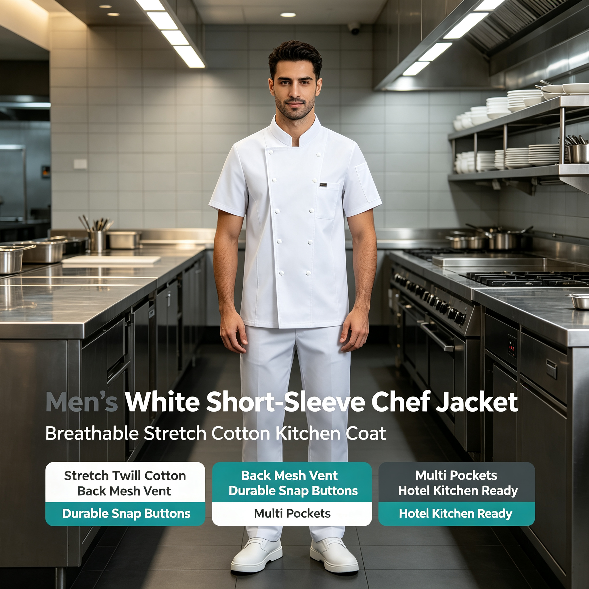 This men’s white short-sleeve chef jacket is designed for professional kitchen environments, hotels, restaurants, catering services, and bulk staff uniform orders. It is made of stretch twill cotton fabric, offering comfort, slight elasticity, durable wear, and a neat professional appearance during long shifts. The chef jacket features a comfortable stand collar, double-breasted snap button closure, chest pocket, side sleeve pocket, and breathable mesh panels on the upper back to improve airflow in hot kitchen conditions. It is suitable for chefs, kitchen staff, hotel restaurants, cafeterias, and catering teams._4