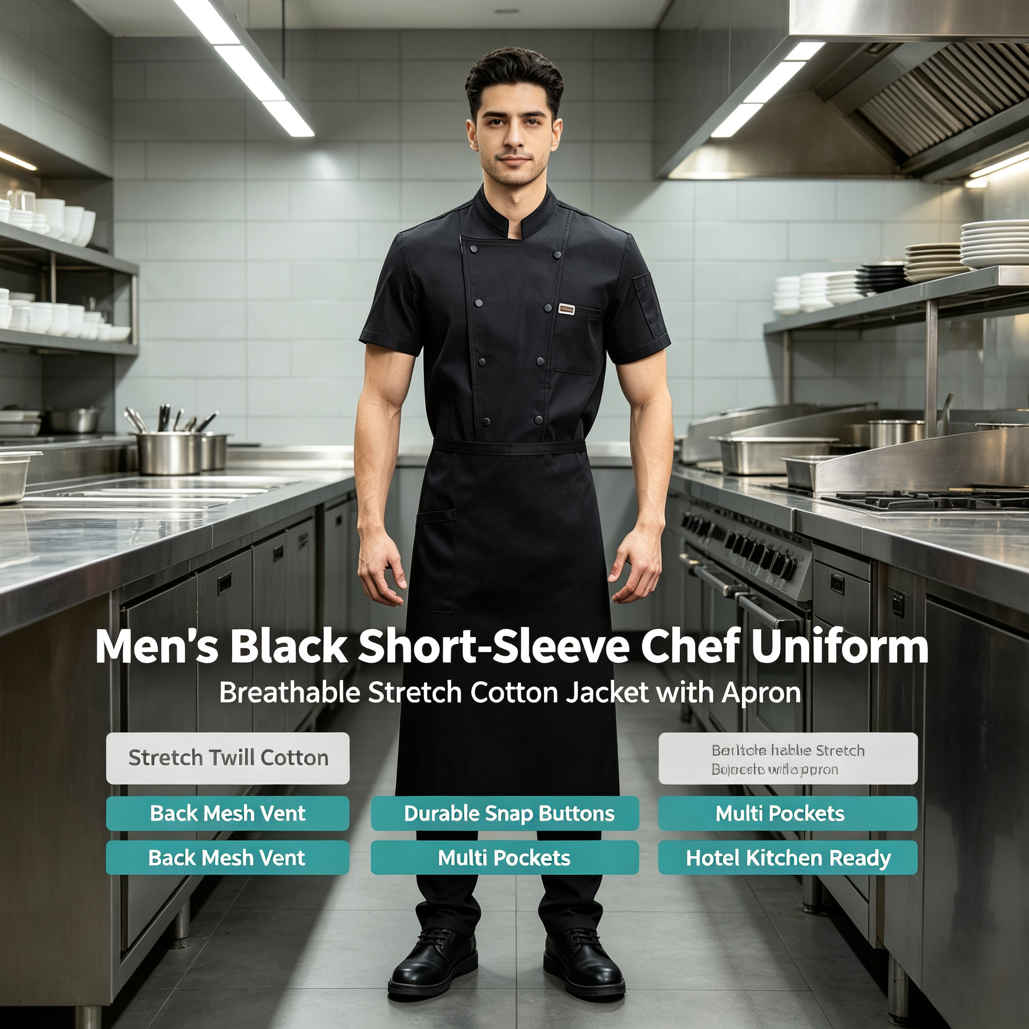 Men’s Black Short-Sleeve Chef Jacket, Breathable Stretch Cotton Kitchen Coat with Back Mesh Vent for Hotel Restaurant Staff_5