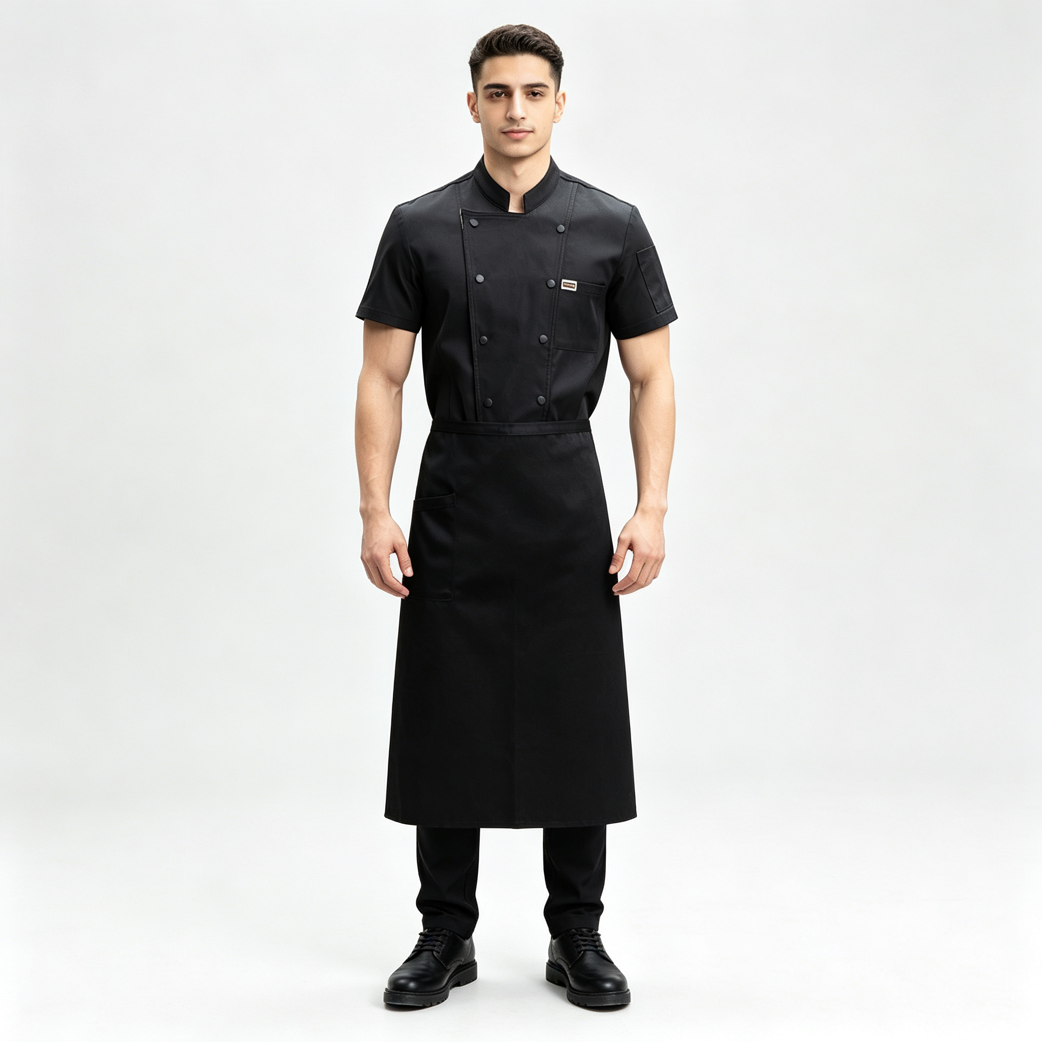 Men’s Black Short-Sleeve Chef Jacket, Breathable Stretch Cotton Kitchen Coat with Back Mesh Vent for Hotel Restaurant Staff_2