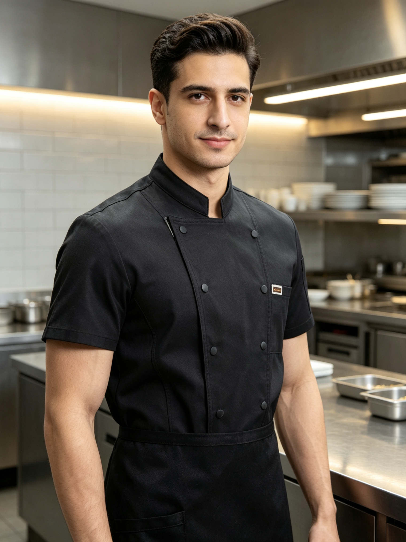 Men’s Black Short-Sleeve Chef Jacket, Breathable Stretch Cotton Kitchen Coat with Back Mesh Vent for Hotel Restaurant Staff_7