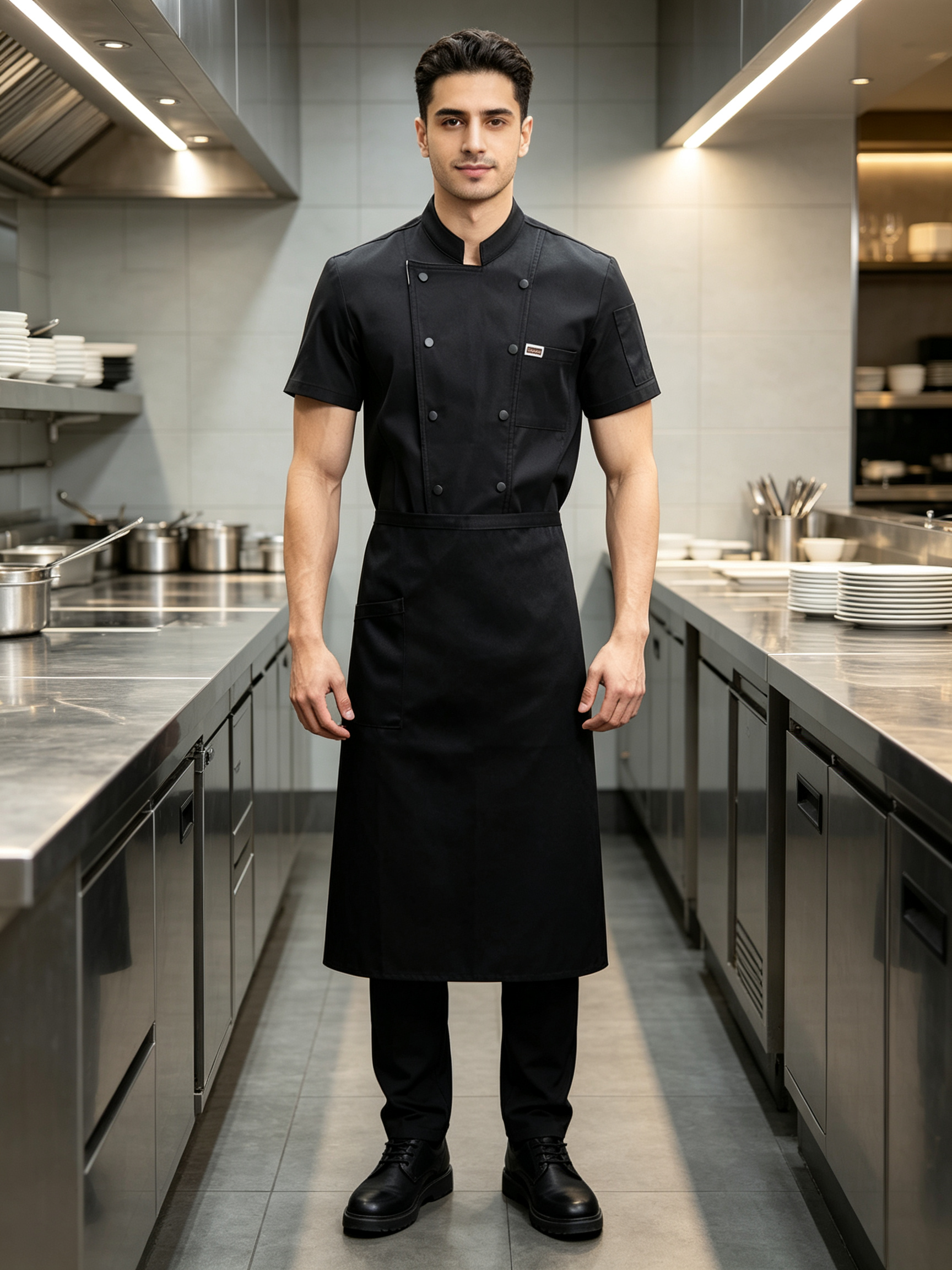 Men’s Black Short-Sleeve Chef Jacket, Breathable Stretch Cotton Kitchen Coat with Back Mesh Vent for Hotel Restaurant Staff_6