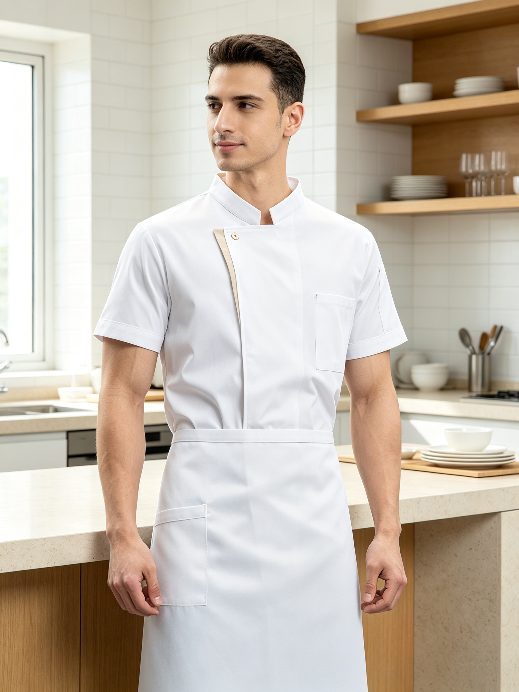 Men’s White Short-Sleeve Chef Uniform, Lightweight Cotton Jacket with Apron, Clean Front Design for Hotel Restaurant and Kitchen Staff_12