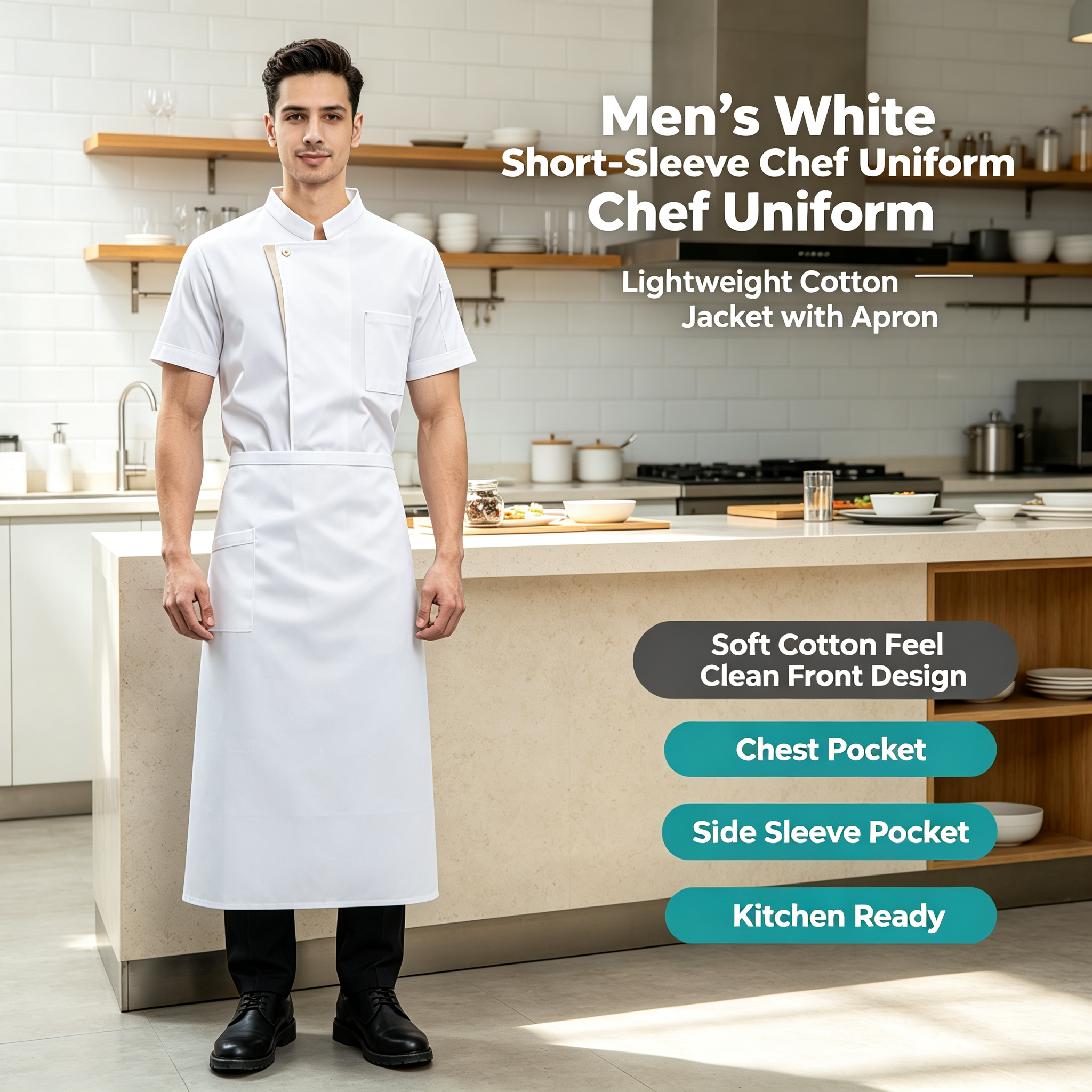 Men’s White Short-Sleeve Chef Uniform, Lightweight Cotton Jacket with Apron, Clean Front Design for Hotel Restaurant and Kitchen Staff_10