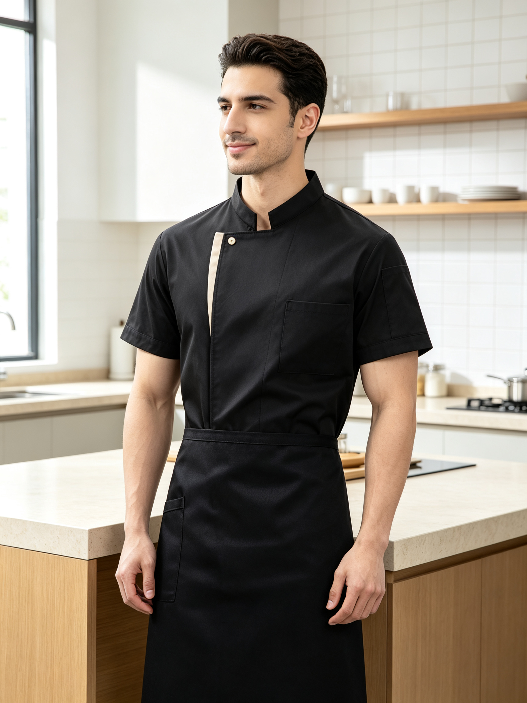 Men’s White Short-Sleeve Chef Uniform, Lightweight Cotton Jacket with Apron, Clean Front Design for Hotel Restaurant and Kitchen Staff_7