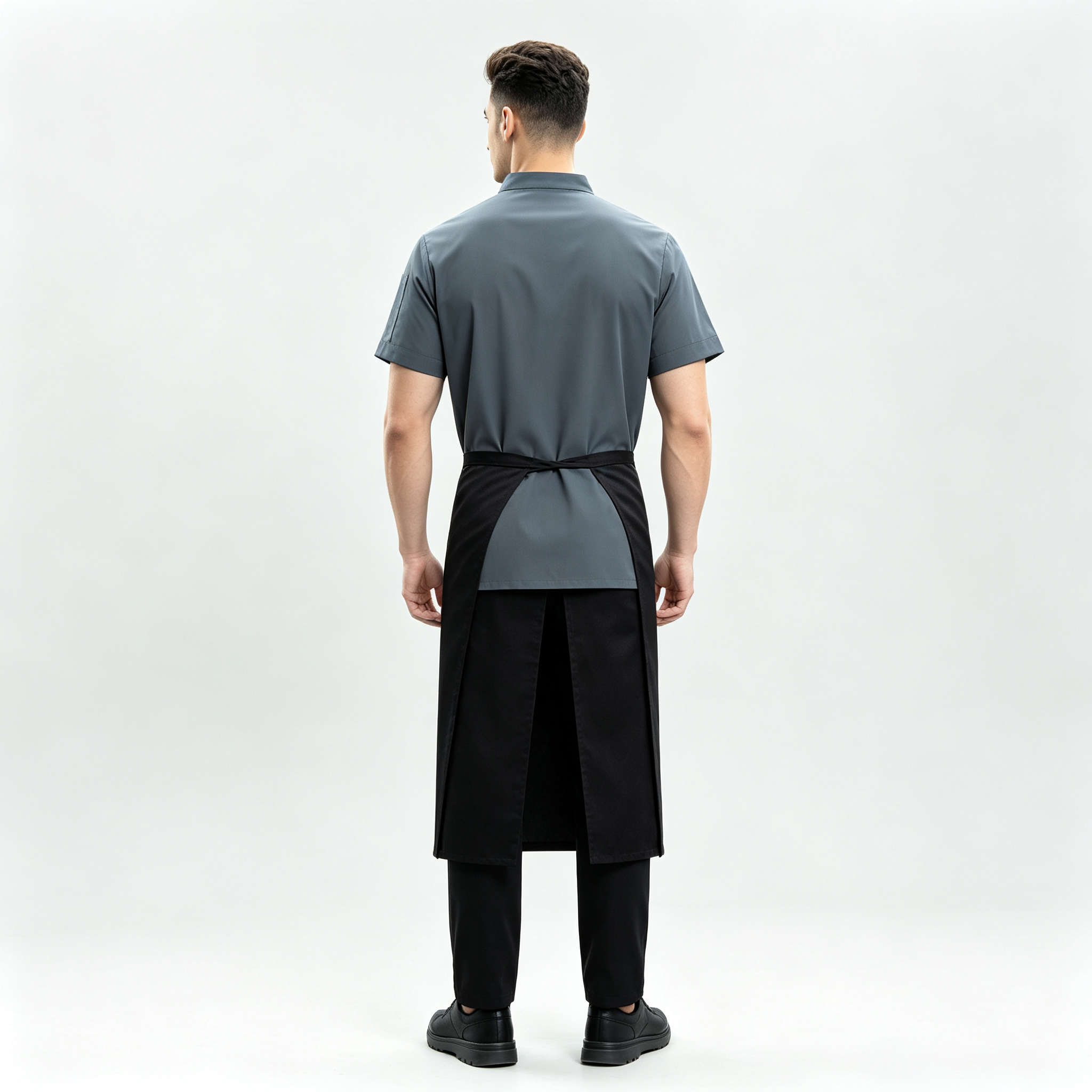 Men’s White Short-Sleeve Chef Uniform, Lightweight Cotton Jacket with Apron, Clean Front Design for Hotel Restaurant and Kitchen Staff_3