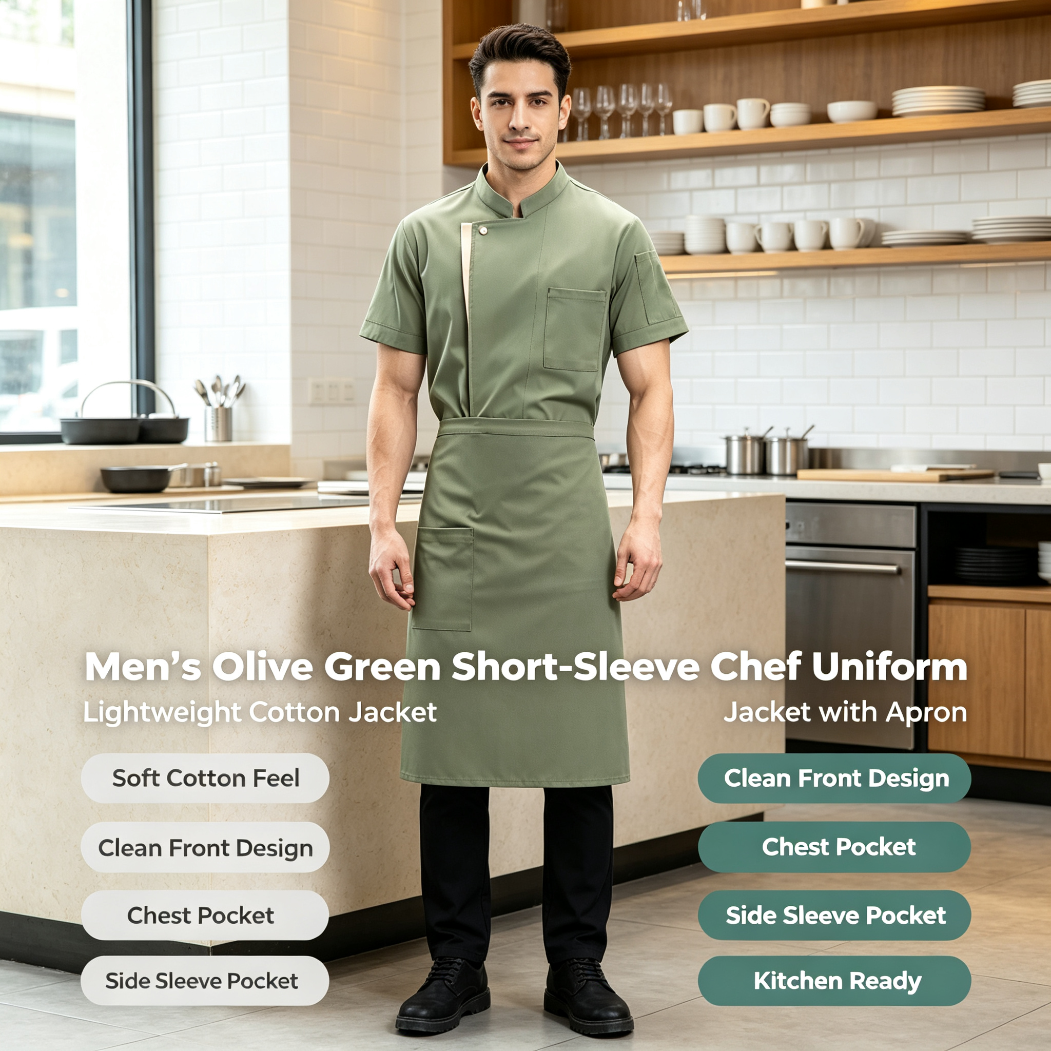 Men’s White Short-Sleeve Chef Uniform, Lightweight Cotton Jacket with Apron, Clean Front Design for Hotel Restaurant and Kitchen Staff