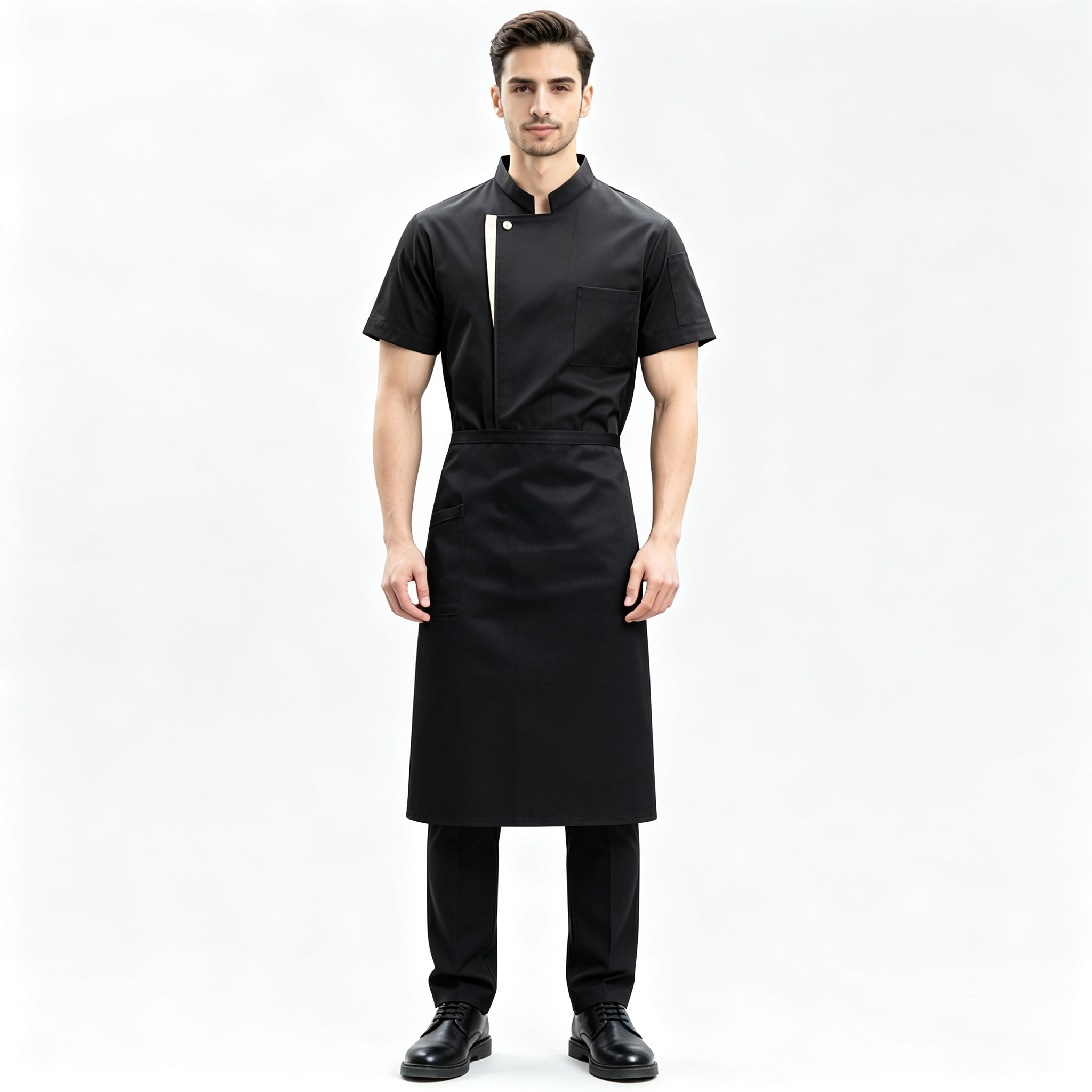 Men’s White Short-Sleeve Chef Uniform, Lightweight Cotton Jacket with Apron, Clean Front Design for Hotel Restaurant and Kitchen Staff_9